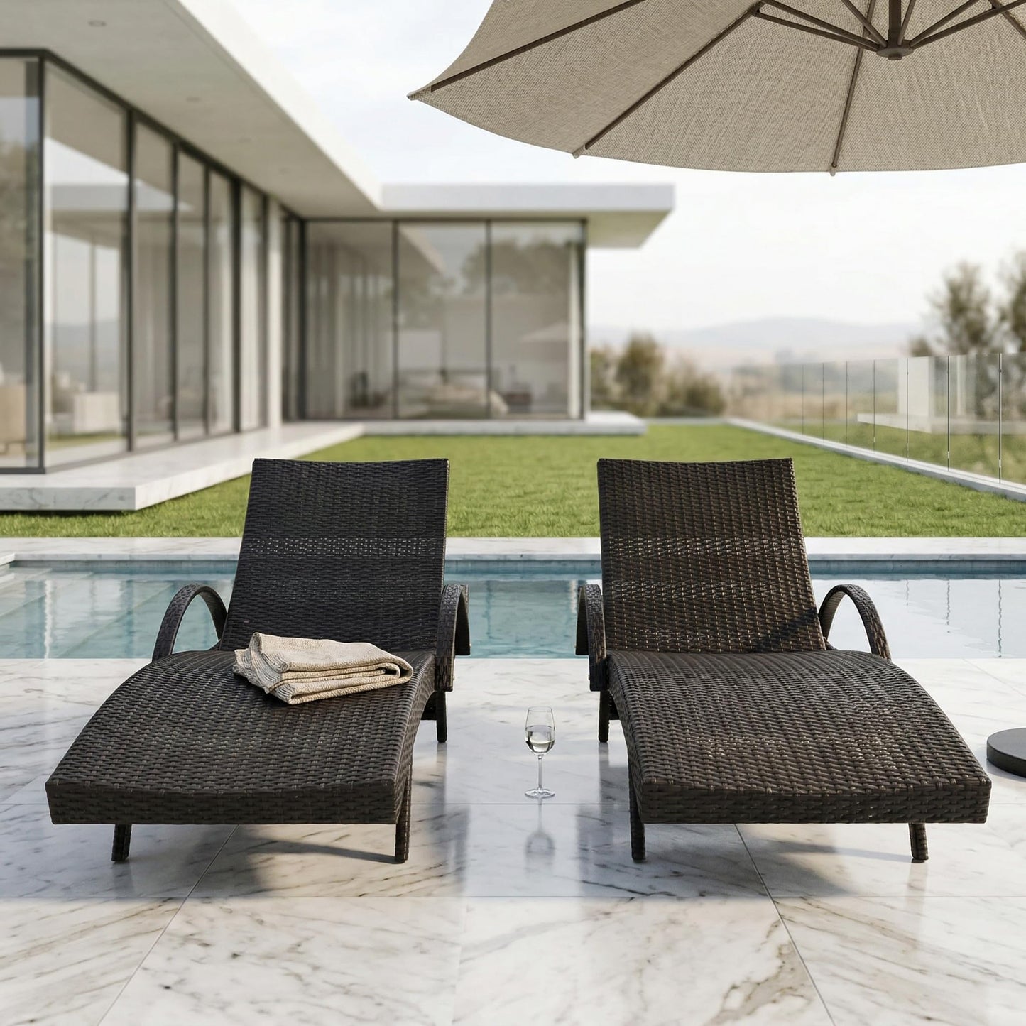 Sereniet 80.3" Outdoor Wicker Chaise Lounge Set of 2, with Pull-Out Side Table, Adjustable Pool Lounge Chairs, Patio Loungers for Balcony, Deck, or Backyard (Black)
