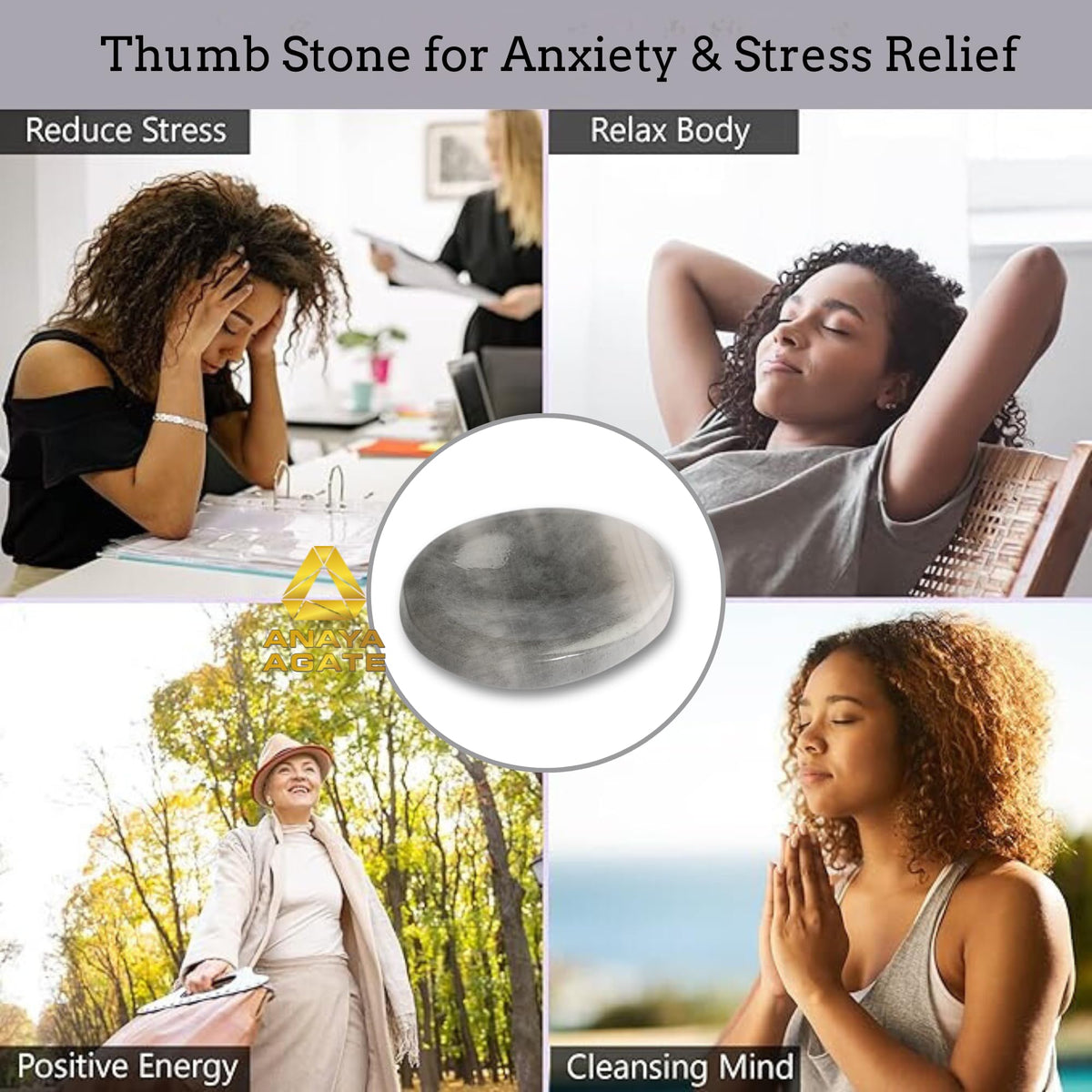 Anaya Agate Gray Agate Worry Stones Certified Crystal Thumb Worry Stone for Anguish, Relaxing and Soothing Balance Stones for Meditation, Stress Relief Crystals and Healing Stones for Men, Women