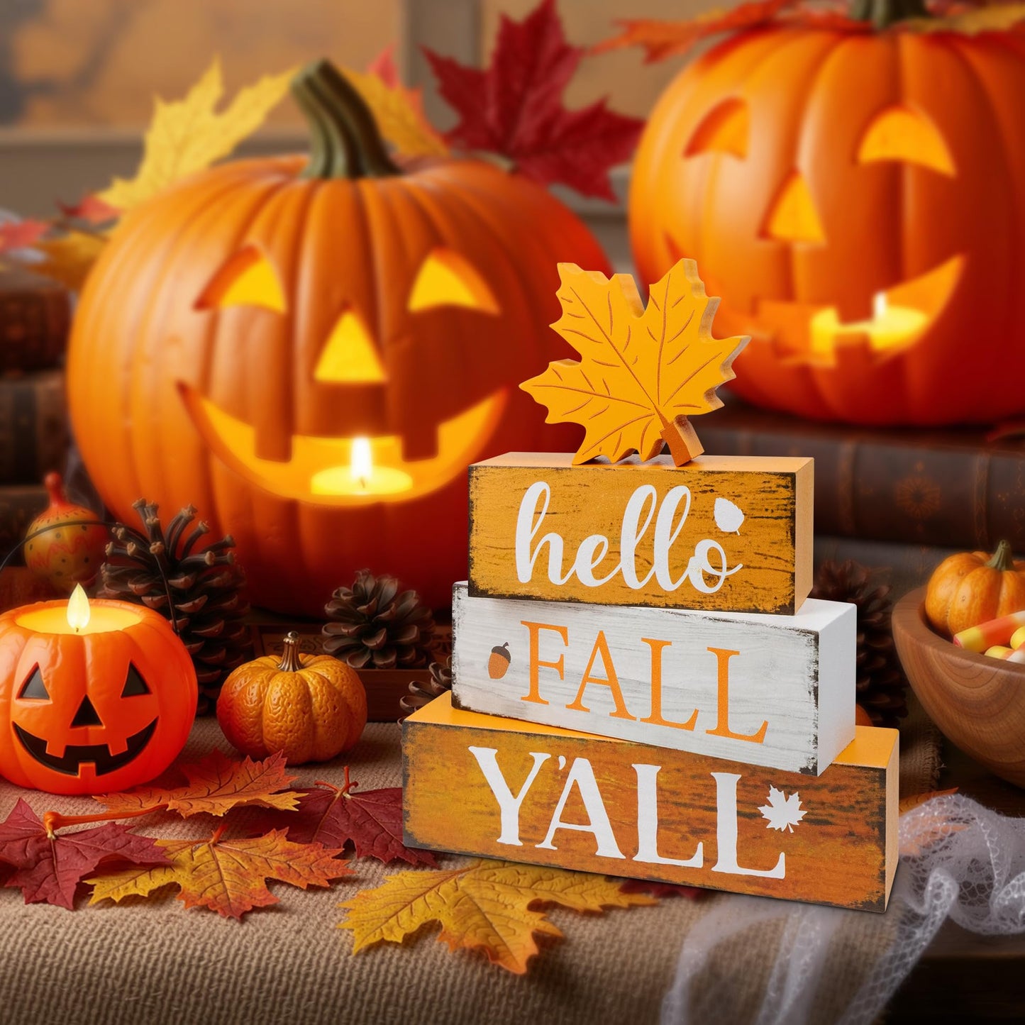 4 Pcs Hello Fall Decor Wooden Tiered Tray Decor, Maple Leaf Autumn Decorations Gifts for Home, Thanksgiving Table Centerpiece for Autumn Harvest Party Kitchen