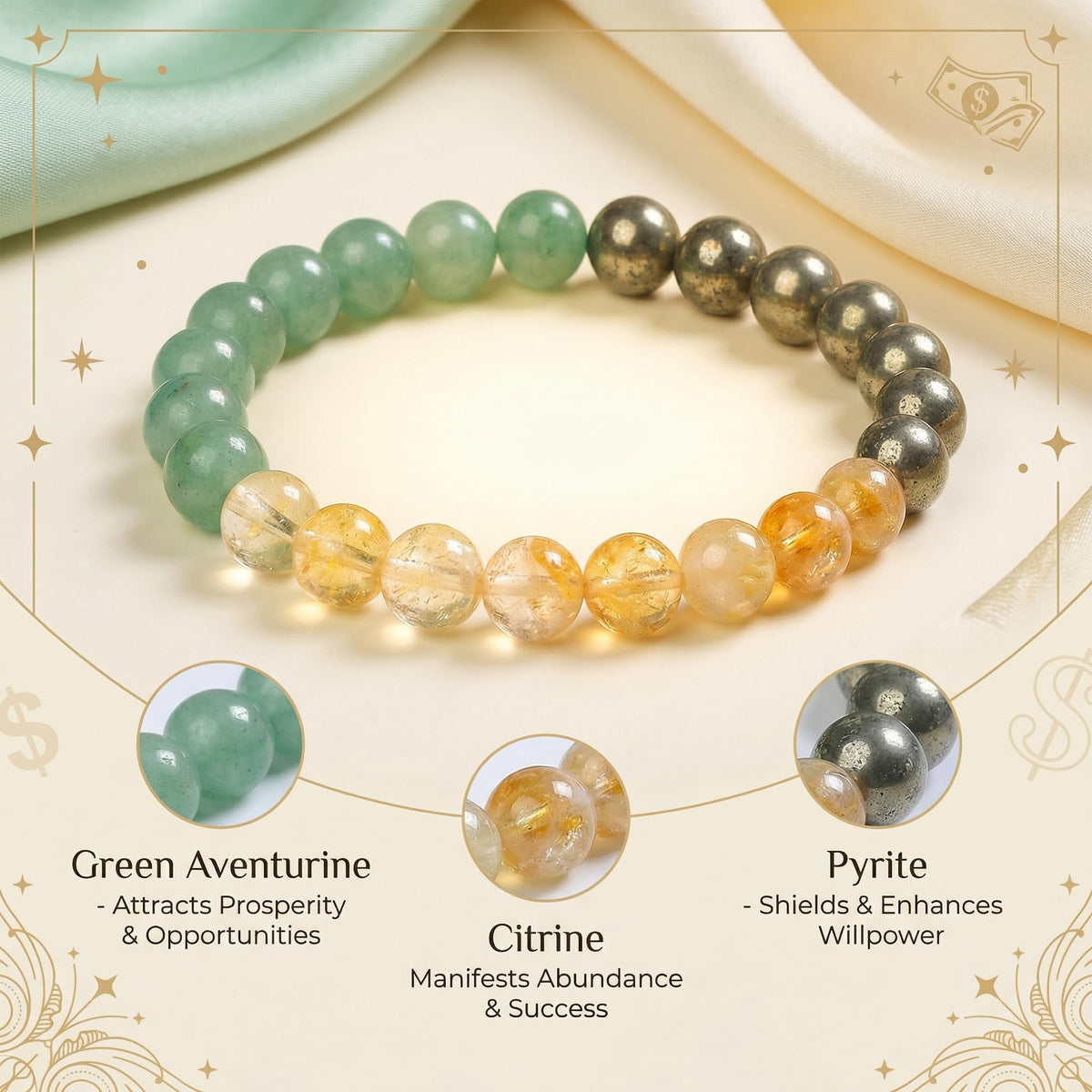 Bivei Money Success Bracelet, Strength Crystal Healing Bracelet 8MM with Green Adventurine & Citrine & Pyrite - Spiritual Stretch Beaded Jewelry for Women Men Gift