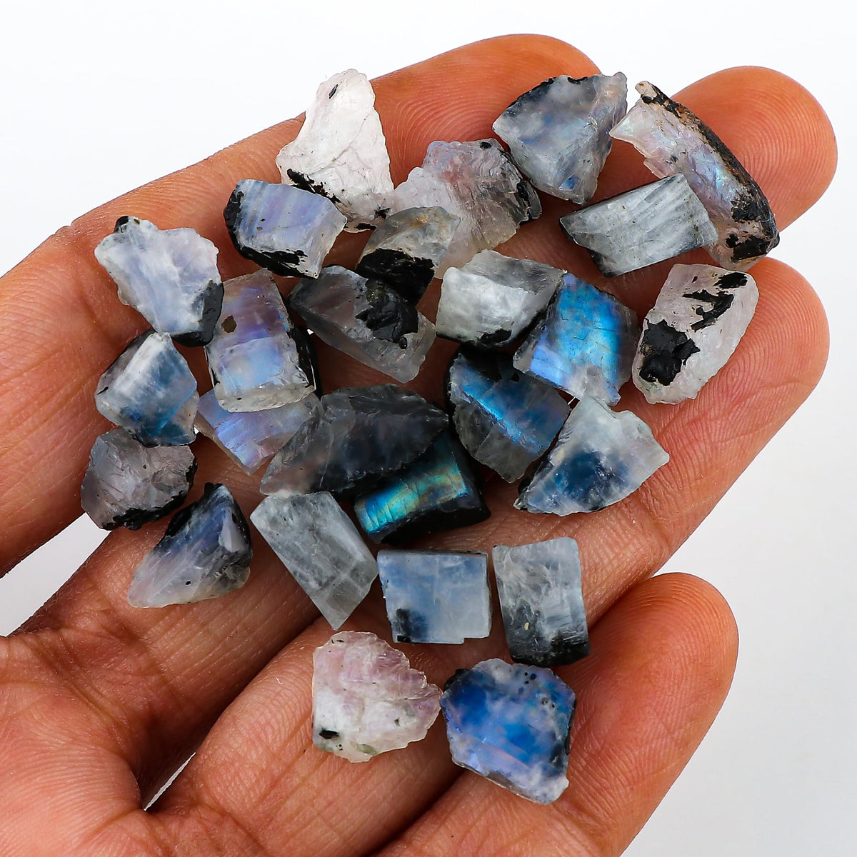Gemkora 20 pc. Natural Blue Flash Raw Tourmilated Moonstone Crystal Rough Gemstone, Rock, Jewelry Making Supplies, Chakra Healing, Art-DIY Stone, (7-10mm) (75 ct.)