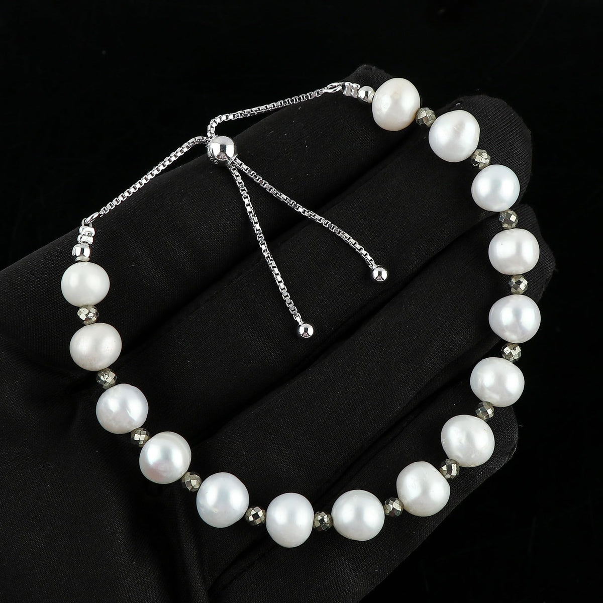 CRYSTALIS Natural Pyrite And Freshwater Pearl Beaded Bracelet, Elegant Beads Crystal, Chakra Bracelet, Healing Bracelet, Gemstone Jewelry, Friendship Bracelet, 925 Sterling Silver Slider 10 inch