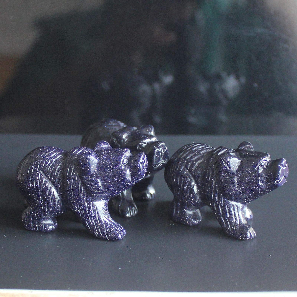 2'' Hand Carved Mixed Gemstone Crystal Bear Figurine Animal Carving (Blue Goldstone)