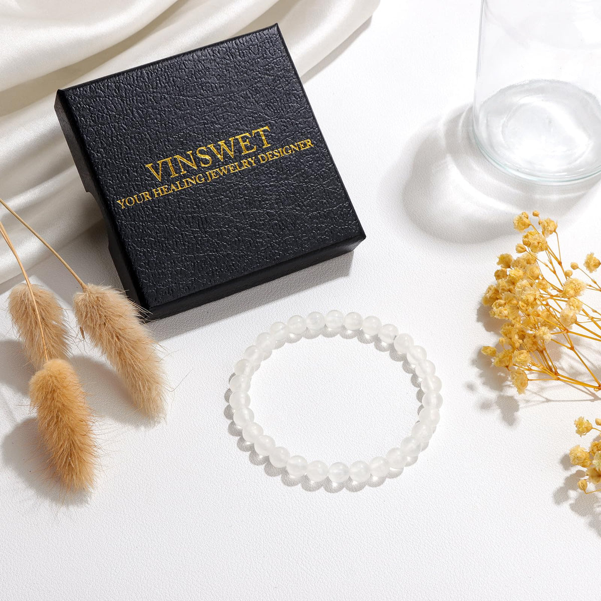 Vinswet Healing Crystal Bracelets for Women Men 6mm Selenite Natural Stone Beaded Stretch Bracelet Handmade Gemstone Reiki Spiritual Jewelry Gifts