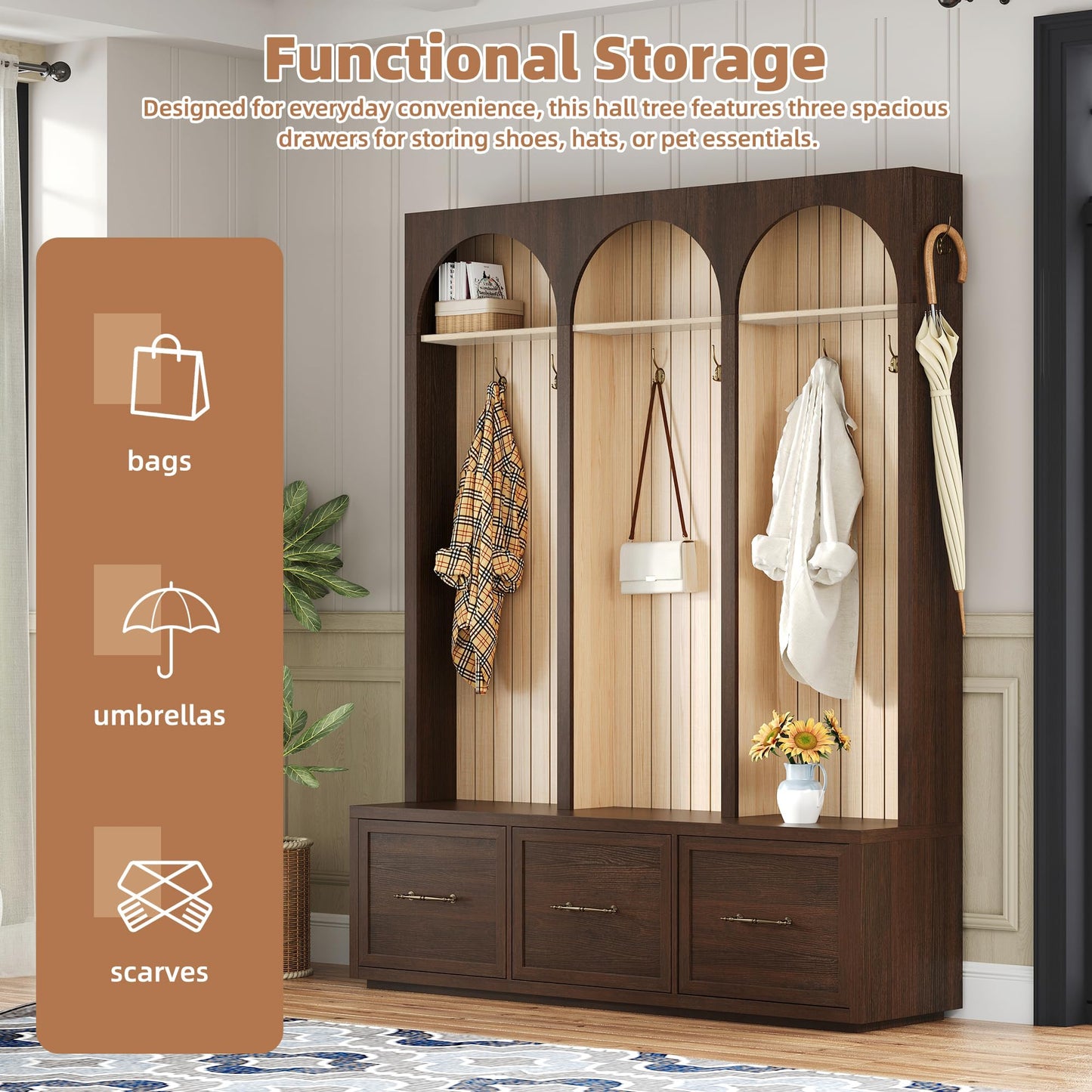 Merax Farmhouse Wood Hall Tree with Shoe Bench and 3 Drawers, 4-in-1 Coat Rack with 8 Hooks for Entrance, Hallway, Mudroom Dark Walnut