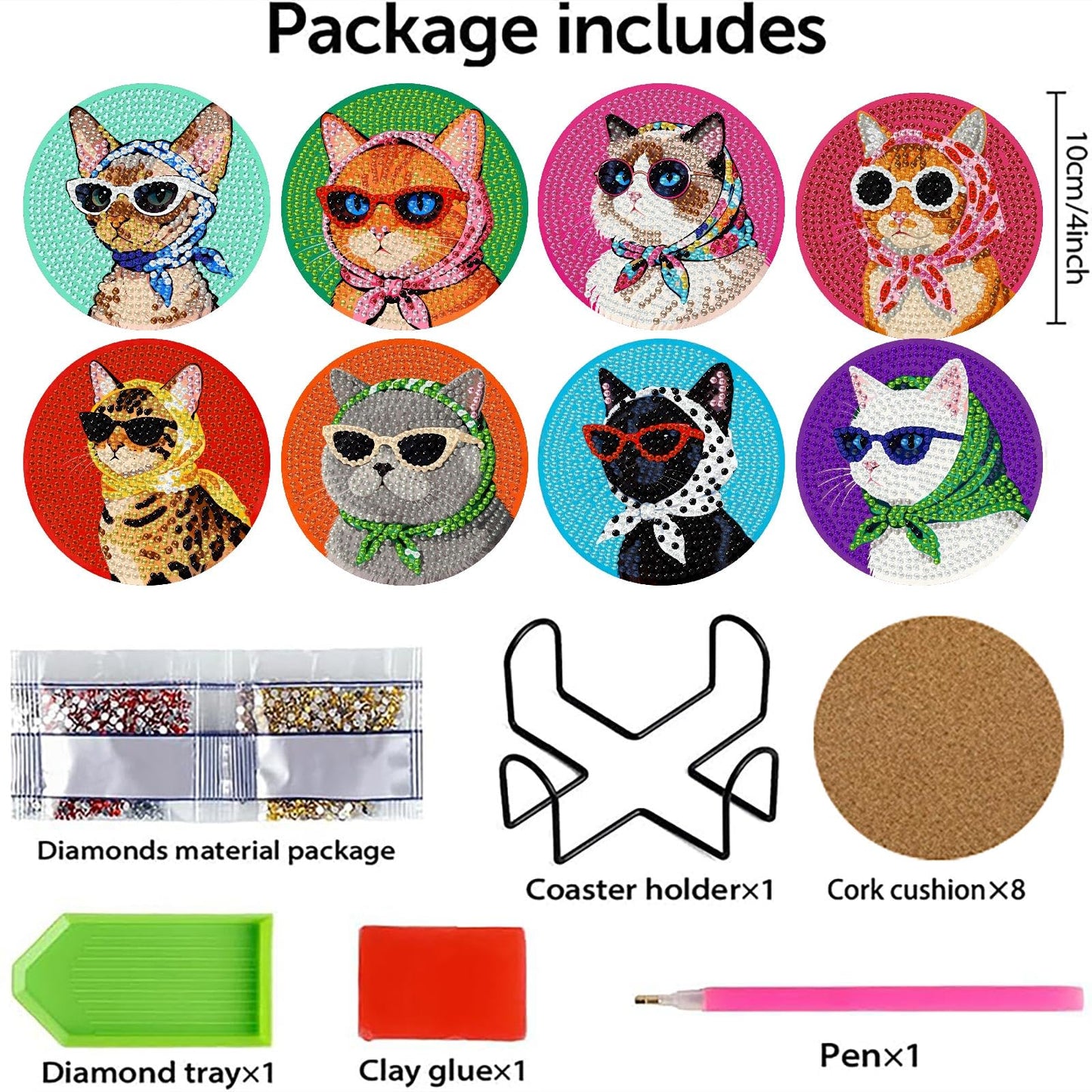 8 Pcs Cat Diamond Painting Coasters Kits with Holder,Cat Wearing Glasses Diamond Art Coasters with Wooden Pad for Adult,DIY Round Drill Gem Drink Coaster Art Craft Supplies for Home Decor 4x4 Inch.