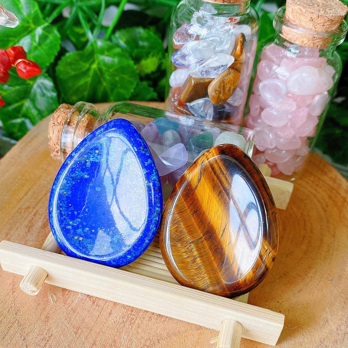 QINJIEJIE 2PCS Crystals Thumb Worry Stone for Anxiety Tiger's Eye Lapis Lazuli Healing Crystals Hand Carved Pocket Palm Gemstones Meditation Crystal Reiki Relax Stone Anxiety Relief Items