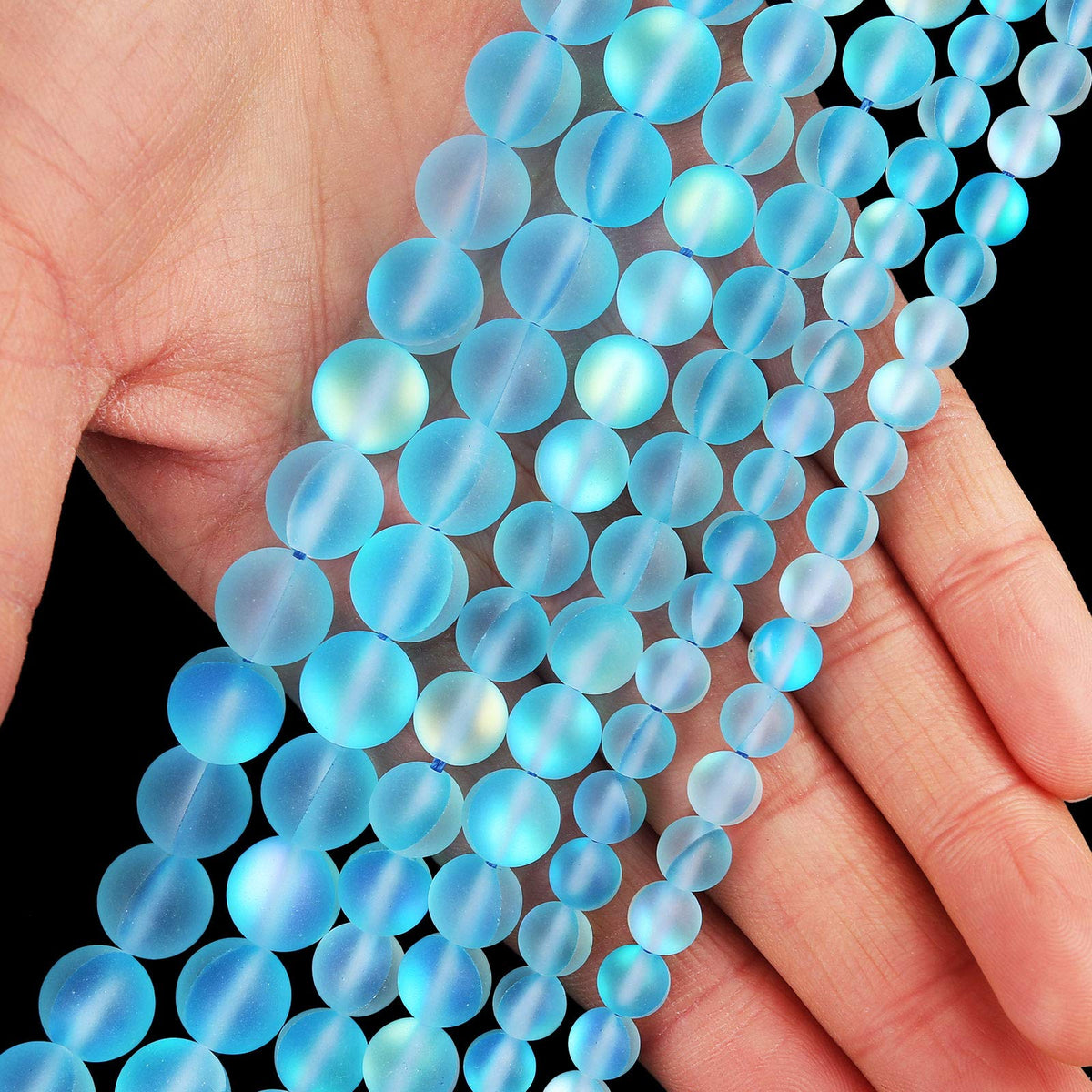 Matte Aquamarine Aurora Crystal Glass Beads, 6MM Frosted Glitter Shining Mermaid Round Loose Beads, Rainbow Holographic Synthetic Moonstone for Jewelry Making DIY Bracelet