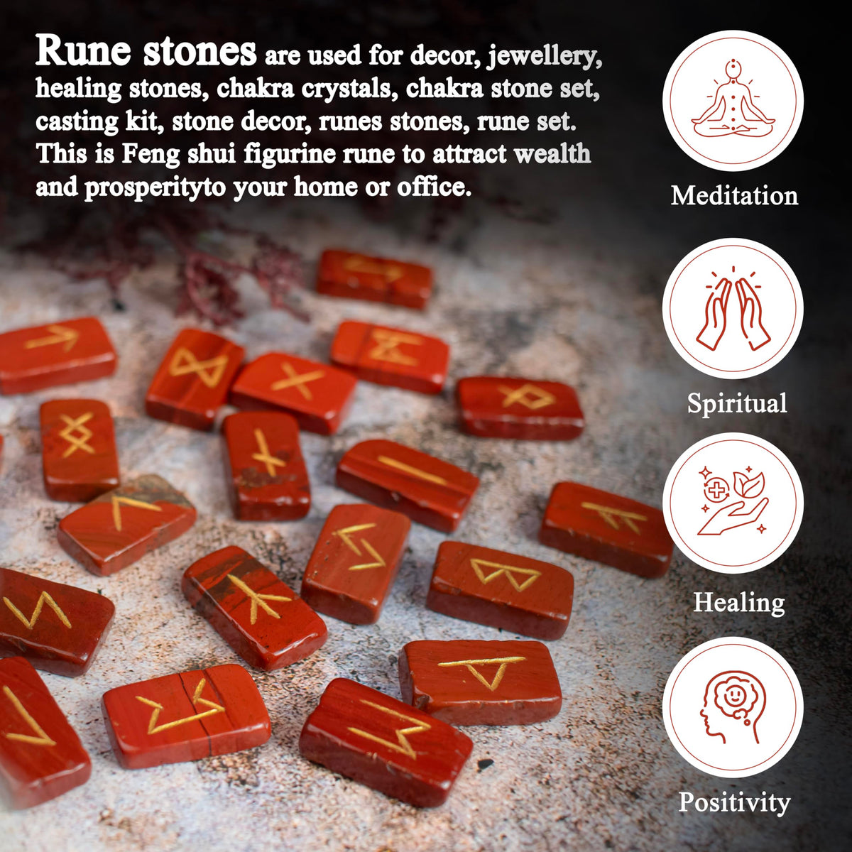 Crocon Red Jasper Rectangle Shape Gemstone Runes with Elder Futhark Alphabet Engraved 25 pcs Rune Set Crystal Divination Metaphysical Healing Balancing Chakra Reiki Runes with a Pouch| Size : 20-25mm