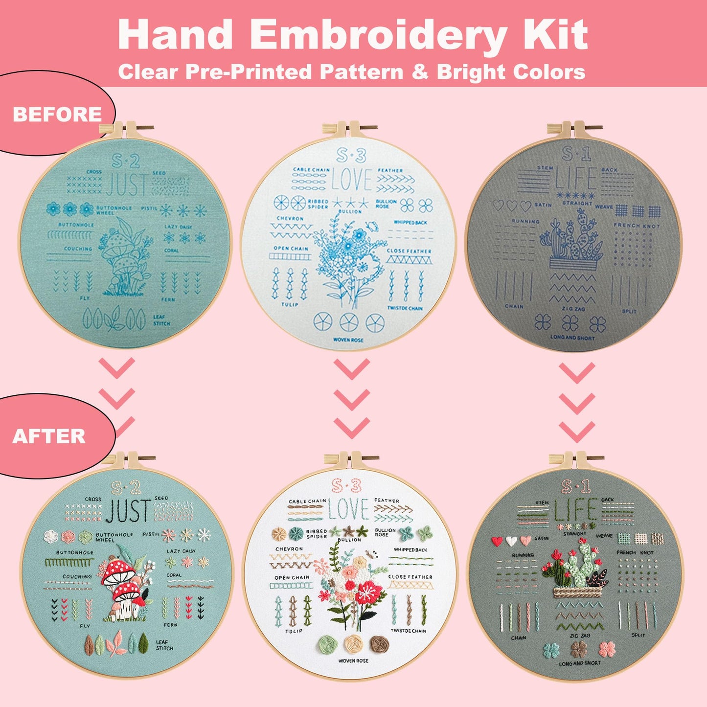 3 Sets Embroidery Starter Kit for Beginners Adults and Kids, Hand Embroidery Kits with Stamped Patterns, Floral Embroidery Stitches Kit DIY Craft Includes Hoop, Threads, Cloth, Storage Bag