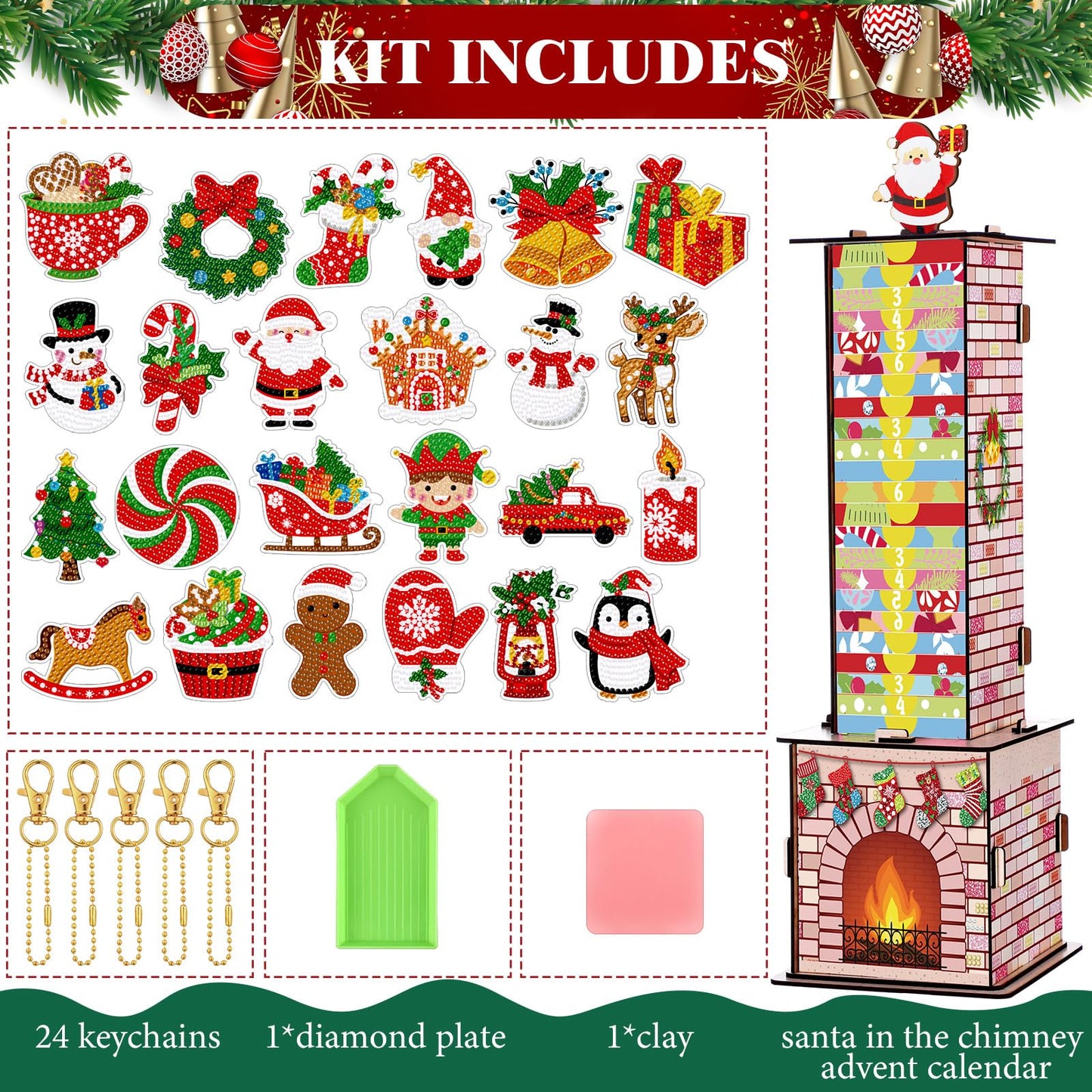 Cinnvoice Advent Calendar 2026 Santa Down the Chimney Christmas Diamond Painting Kits 24 Days Christmas Countdown Calendar DIY Gem Keychains Christmas Gift for Stockings Hanging Ornaments Party Favors