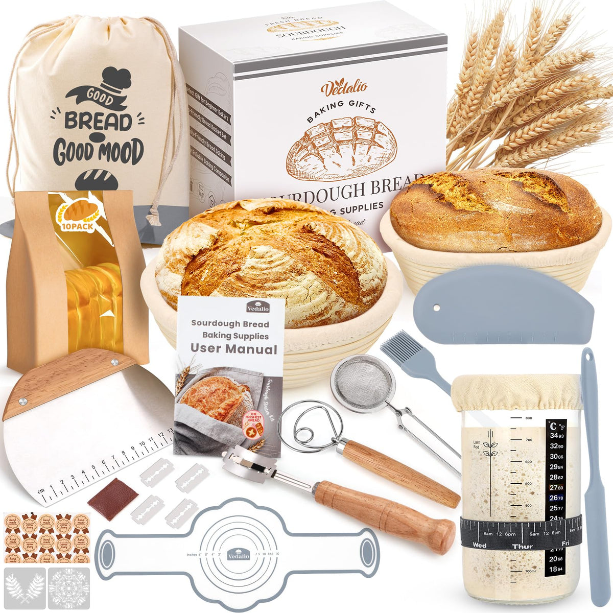 Sourdough Starter Kit, Sourdough Bread Baking Supplies, Bread Proofing Basket, Sourdough Kit for Modern Home and Kitchen, Sourdough Bread Basket, Sour Dough Kit Tools, Bread Making Tools Kit