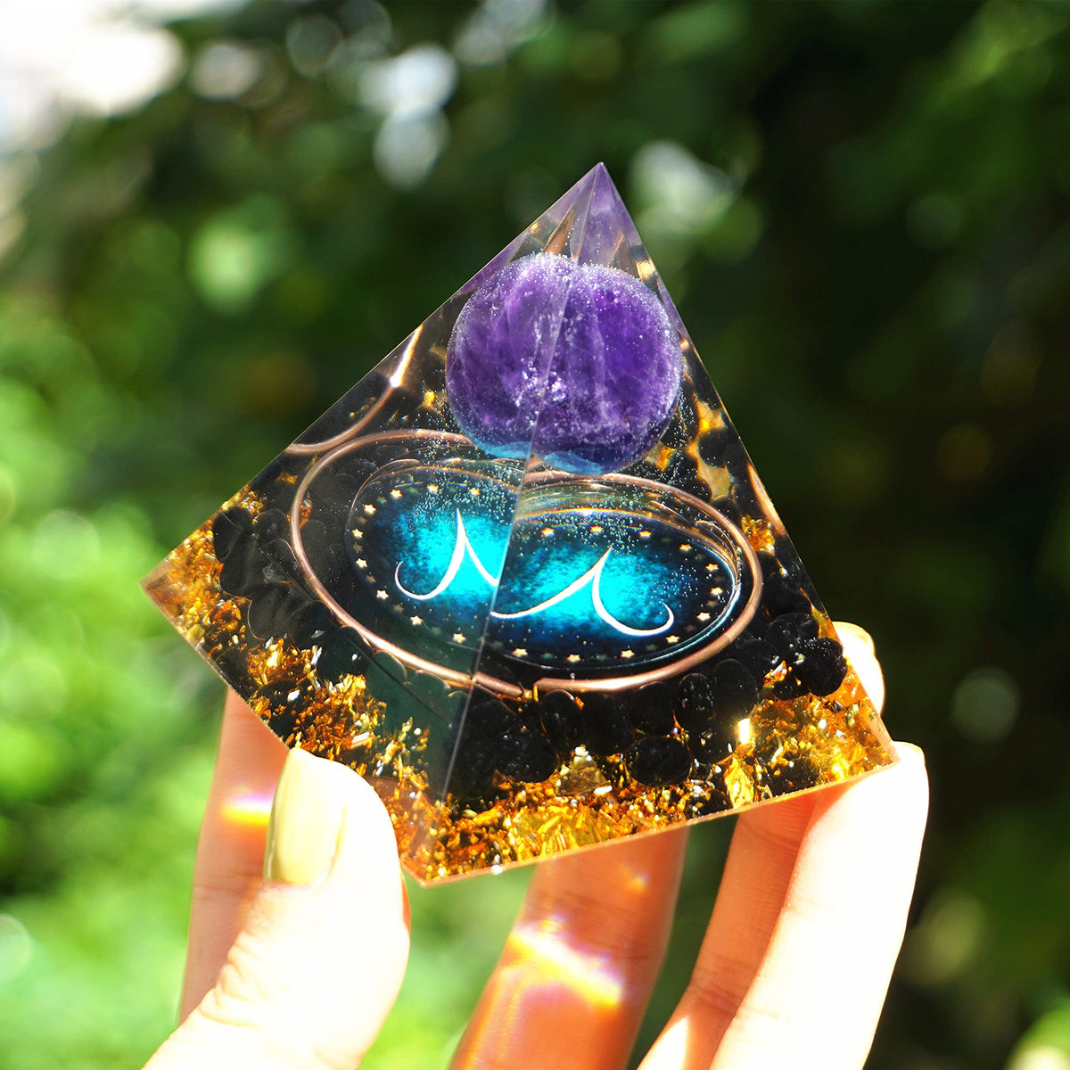 Yogmudra 12 Zodiac Orgone Crystal Pyramid, Natural Amethyst with Obsidian,Healing Crystals Pyramid for Protection Chakra, Unique Constellation Pyramid for Positive Energy, Healing Money Health(Aries)