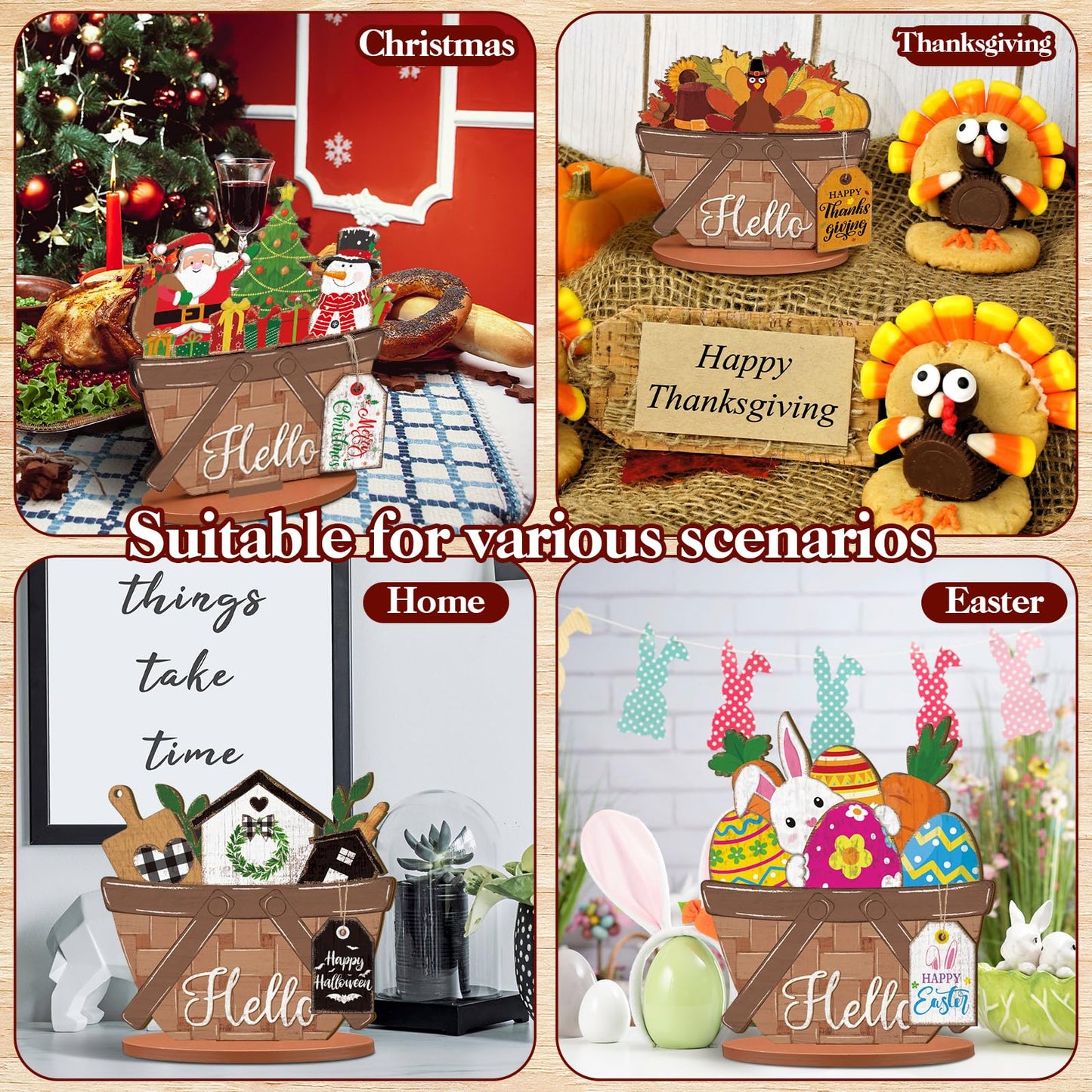 Anglechic 42 Pcs Small Interchangeable Flower Basket Memorial Day Decor Holiday Seasonal Sign Wood Rustic Farmhouse DIY Hanging Drop July 4th Home Office Desk Accessories Tiered Tray Decoration Gift