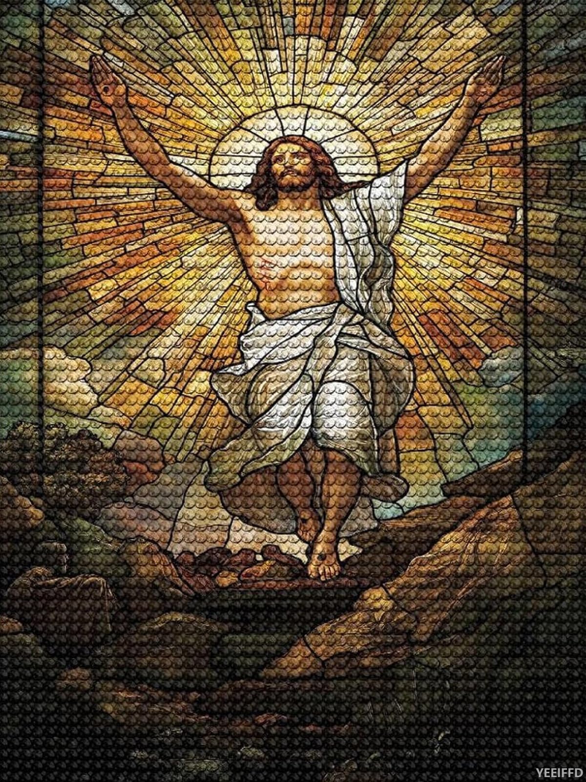 YEEIFFD Risen Jesus Stained Glass Diamond Drawing Art Kit for Adults DIY Diamond Art Painting Full Drill Round Gem Art for Crafts Wall Decor 12x16inch