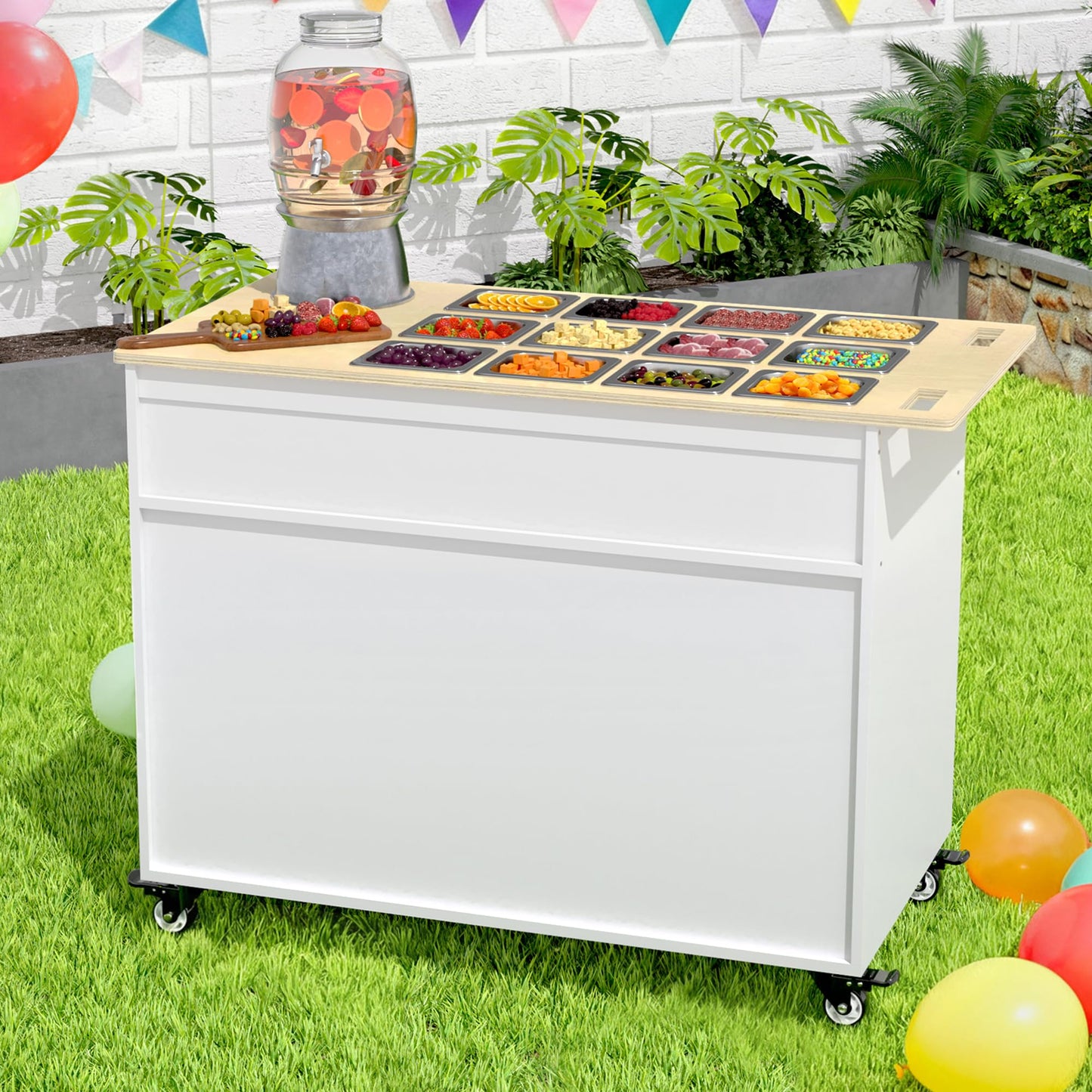 GDLF Charcuterie Cart with Stainless Steel Food Pans, Mobile Pizza Topping & Salad Bar Station, Buffet Serving Table for Home, Party & Catering
