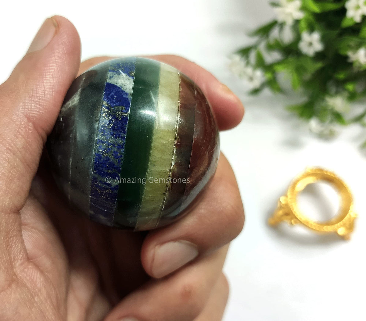 Amazing Gemstone Seven Chakra Crystal Sphere Round Ball with Sphere Holder Stand, Natural Healing Stone Sphere for Massage Meditation Crystal Grid Witchcraft Supplies Reiki Yoga