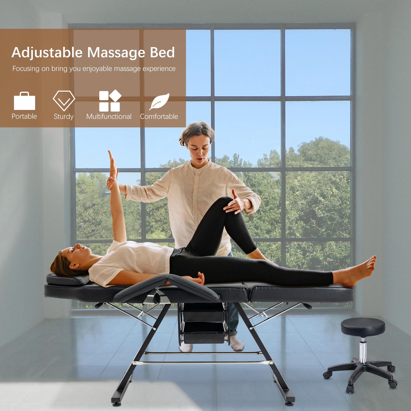 VroomAuto Professional 3-Section Hydraulic Facial Bed & Massage Chair with Stool, Adjustable Esthetician Table for Spa, Tattoo, Beauty Salon, Black