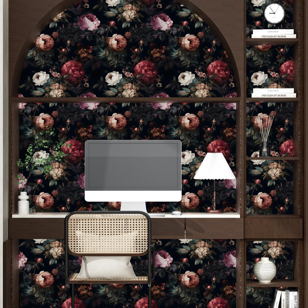 XRUIBZI Dark Floral Peel and Stick Wallpaper Vintage Gothic Contact Paper Pink Goth Flower Wall Mural Home Vinyl Waterproof Self Adhesive Removable Renter Friendly Wall Paper 17.5" x 118"
