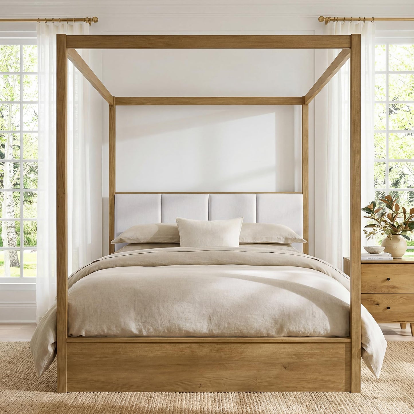 WAMPAT Wood Canopy Bed Frame Queen Size, Solid Wood Poster Bed with 12 Slats and Support Legs, 800 lbs Capacity, No Box Spring Needed, Modern Oak Wooden Bed with Upholstered Headboard for Bedroom