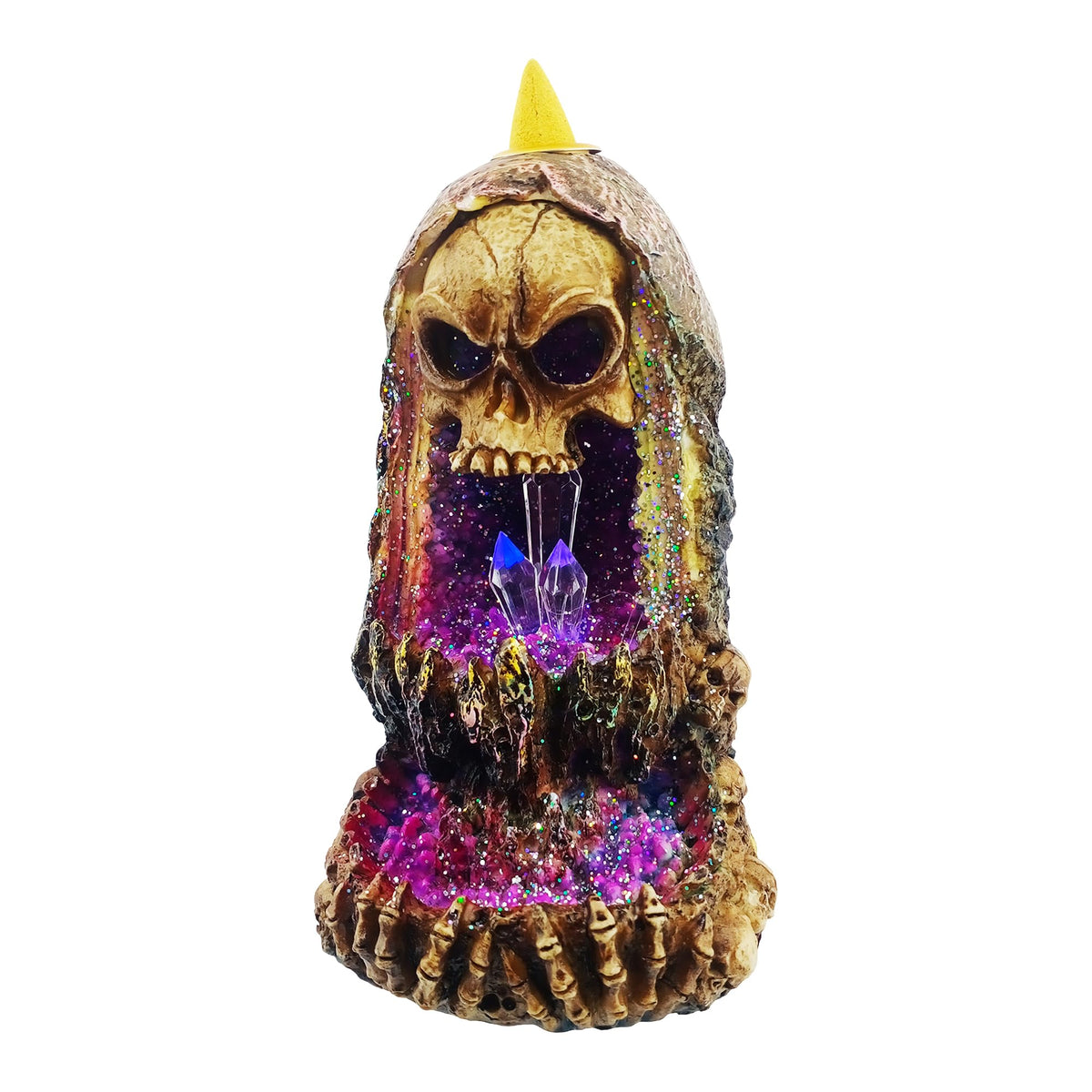 Fantasy Gifts Geode Skull Backflow Burner with LED – 6.5 Inch Crystal Waterfall Décor Accent | Mystical Skull Tabletop Decoration for Meditation, Gothic & Fantasy Home Décor