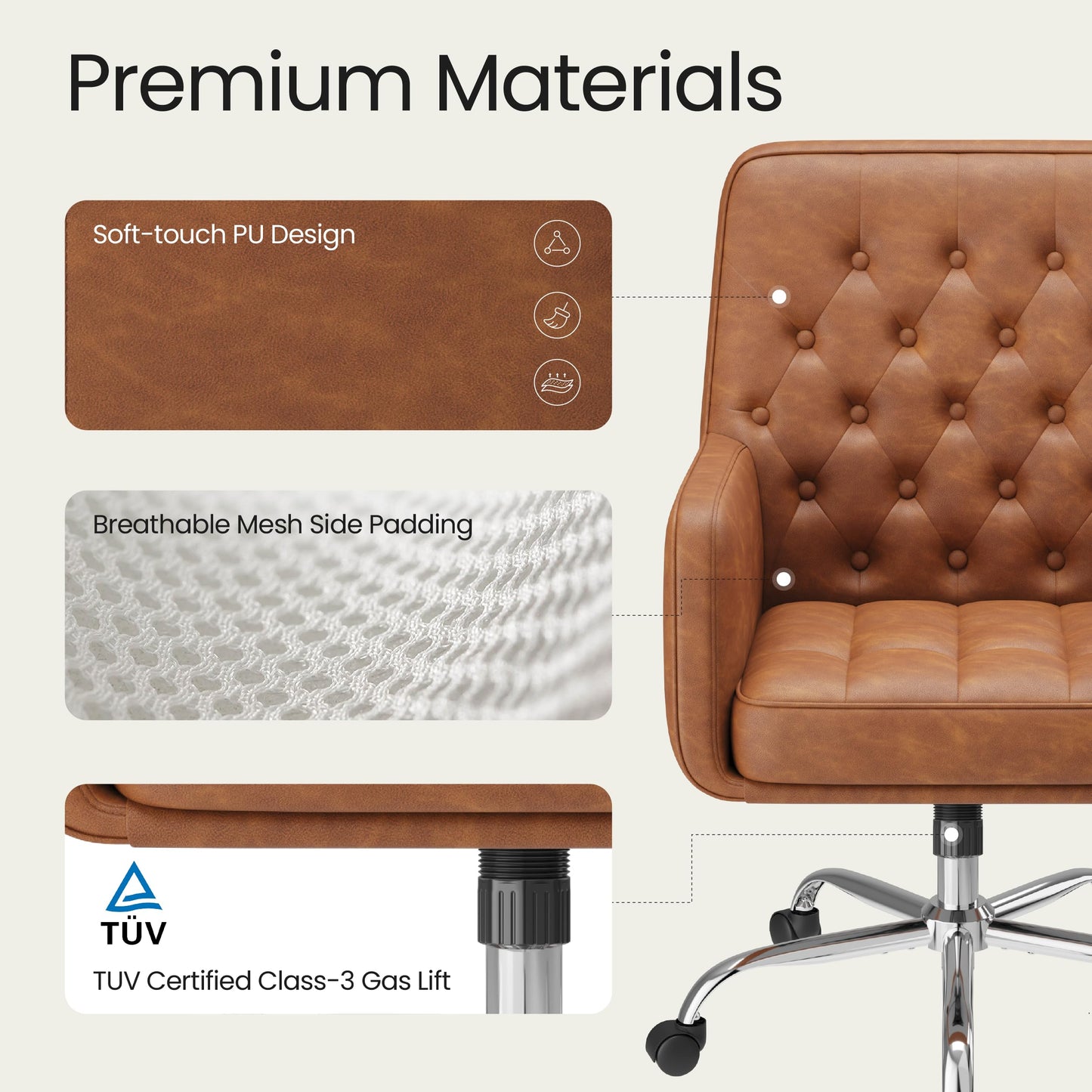 COLAMY Verso Home Desk Chair with Armrest, Leather Swivel Office Chair Adjustment Height with Wheels,Comfortable Padded Seat, Brown