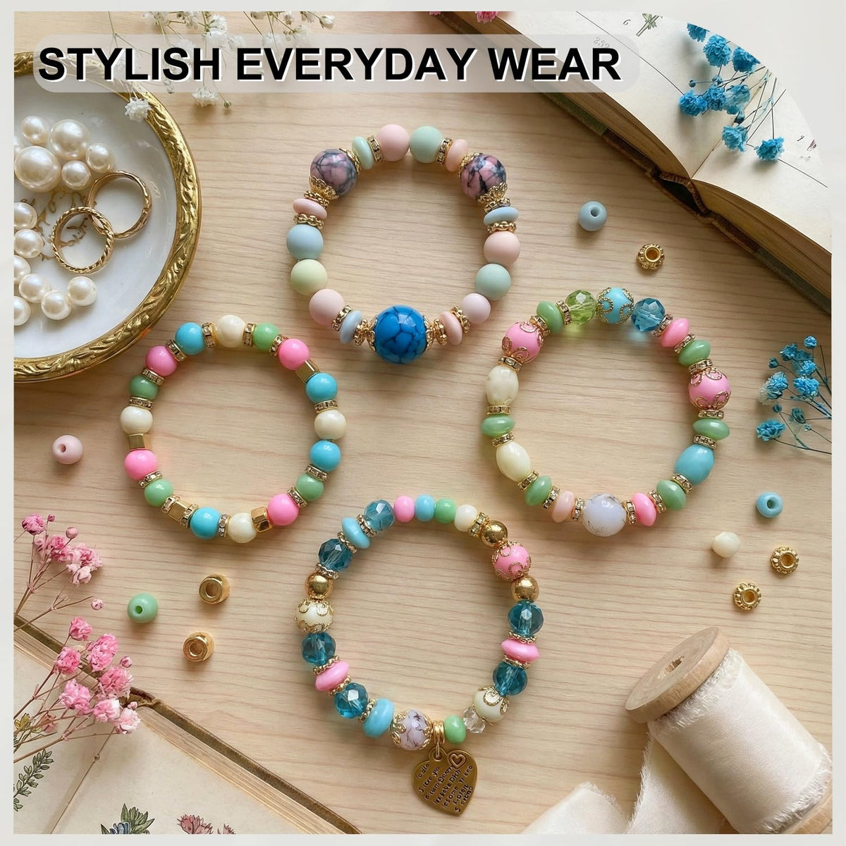 Ysenchan Bohemian Bracelet Set for Women, 4 Pcs Beaded Stackable Bracelets with Heart Charm, Stretch Bracelets, Boho Jewelry Gift – [LightMix]