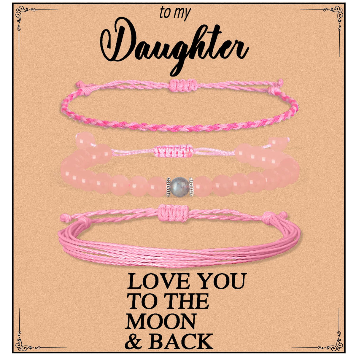 QOGIR Daughter Love You Forever Bracelets,Natural Rose Quartz Adjustable String Braceletm, Birthday Christmas Gifts for Daughters Girls Teen