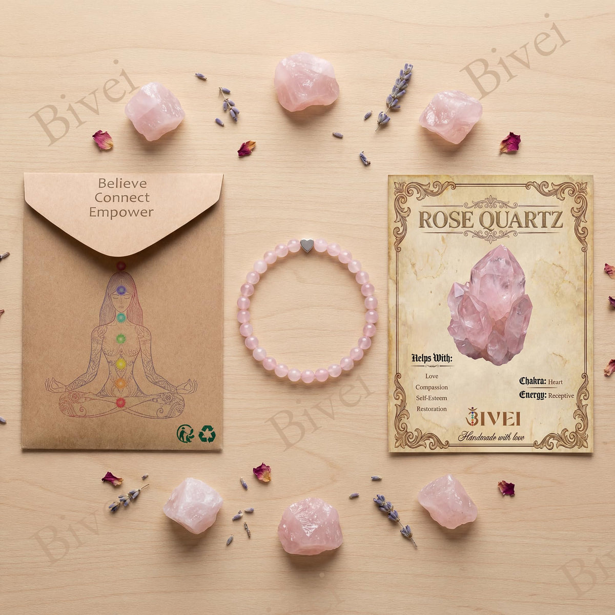 Bivei 6mm Rose Quartz Crystal Stretch Bracelets for Women, Handmade Natural Stone Beaded Bracelet, Yoga Protection Jewelry Gift