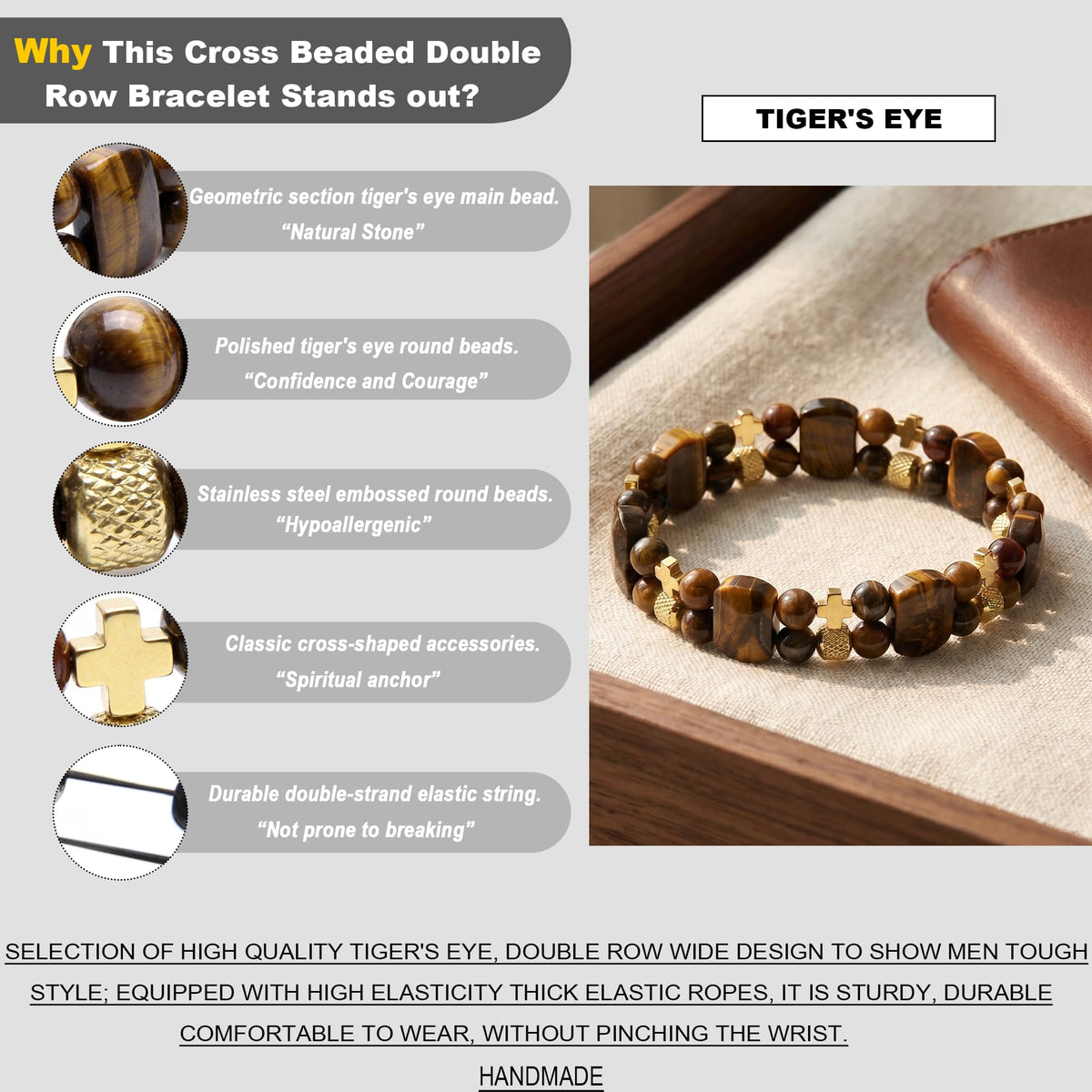 Christian Gifts for Men, Jesus Cross Bracelet for Men Handmade Double Elastic Beaded Bracelets Natural Crystal Gemstone Religious Jewelry for Boyfriend Husband Birthday Anniversary (Tigers Eye)