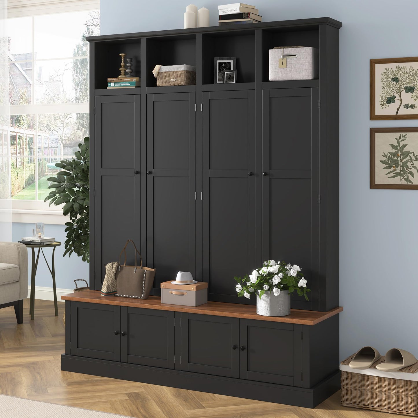 Shaical Hall Tree with Bench and Shoe Storage, 4-in-1 Entryway Bench with Coat Rack & Cabinets, Open Cubbies 4 Hooks, 76.7" H Wooden Storage Organizer for Hallway, Mudroom, Entrance, Black