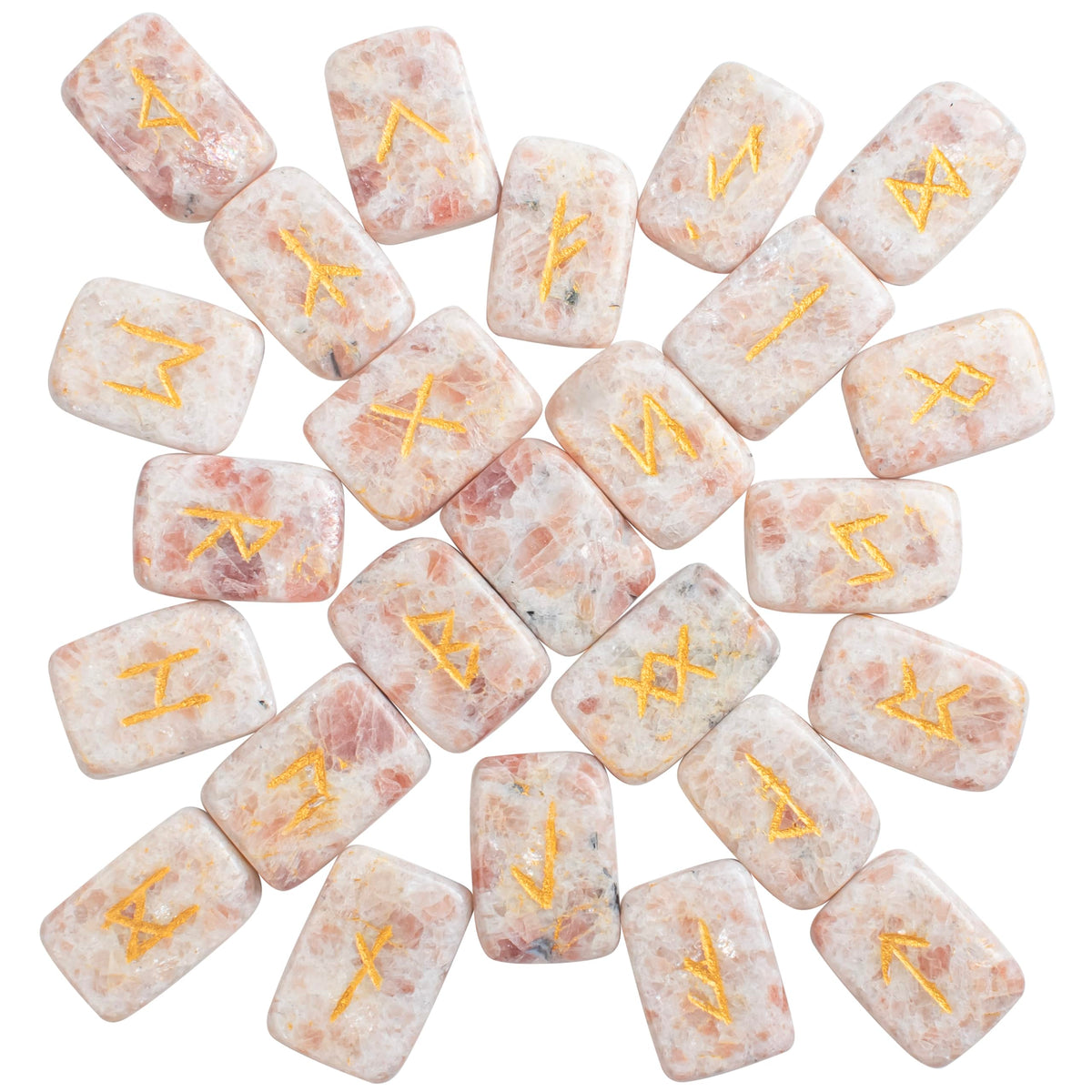 Crocon Sunstone rectangle shape gemstone runes with Elder Futhark Alphabet Engraved 25 pcs rune set Crystal Divination metaphysical Healing Chakra Reiki runes set with a pouch Size : 2025mm