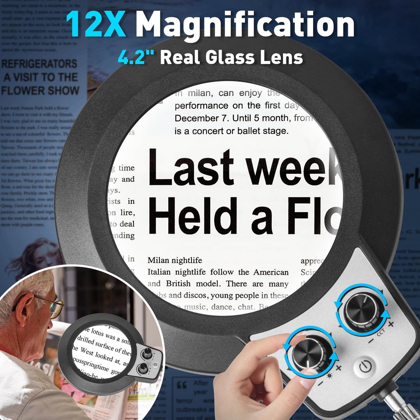 KIRKAS 12X Magnifying Glass with Light and Stand, Overhead Knob Magnifying Lamp for Workbench Craft, Sewing, LED Lighted Magnifier Real Glass Lens Adjust Arm Stepless Dimming and Color(22in Clamp)