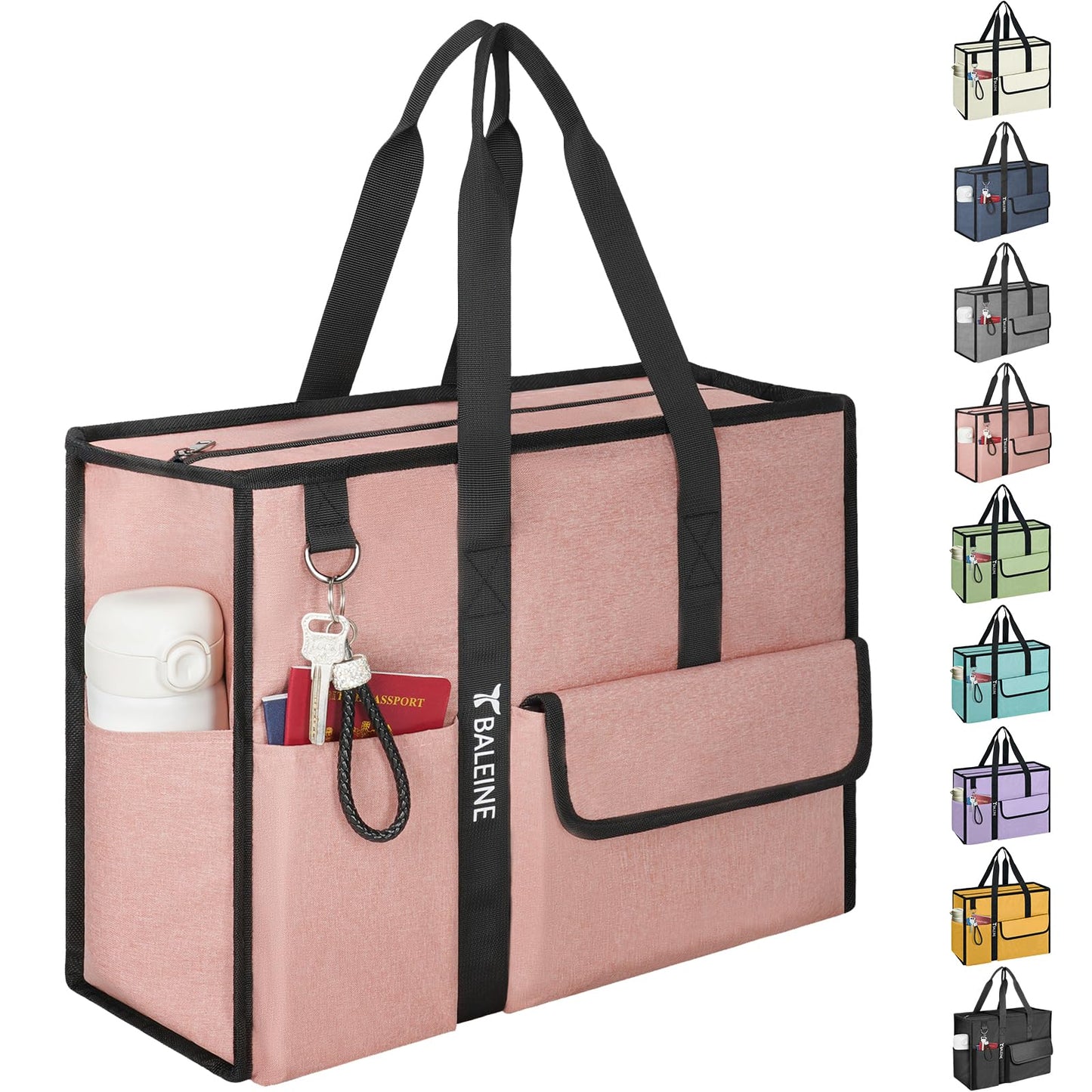 BALEINE Large Utility Tote Bag with Reinforced Bottom, Multi-Pockets and Top Zipper Closure, Perfect for Teachers, Nurses, Travel, Work - Water-Resistant (Medium, Pink)