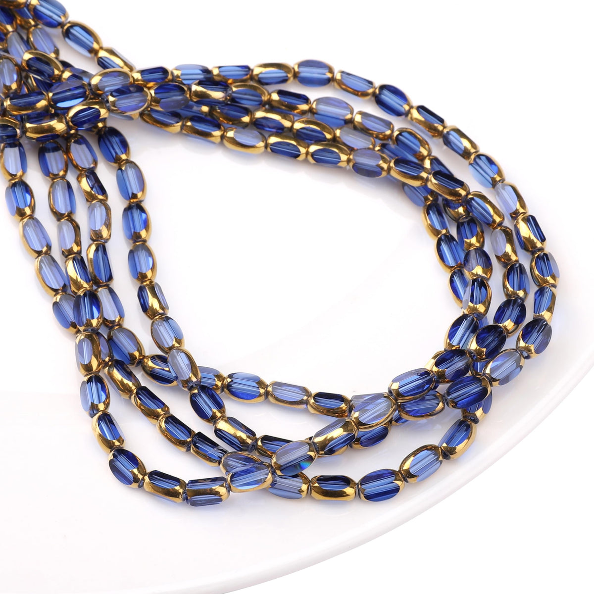 DADIFEN Glass Rice Beads Clear Royal Blue 4x6mm 50pcs Faceted Oval Golden Edge Crystal Loose Beads for DIY Craft Jewelry Making