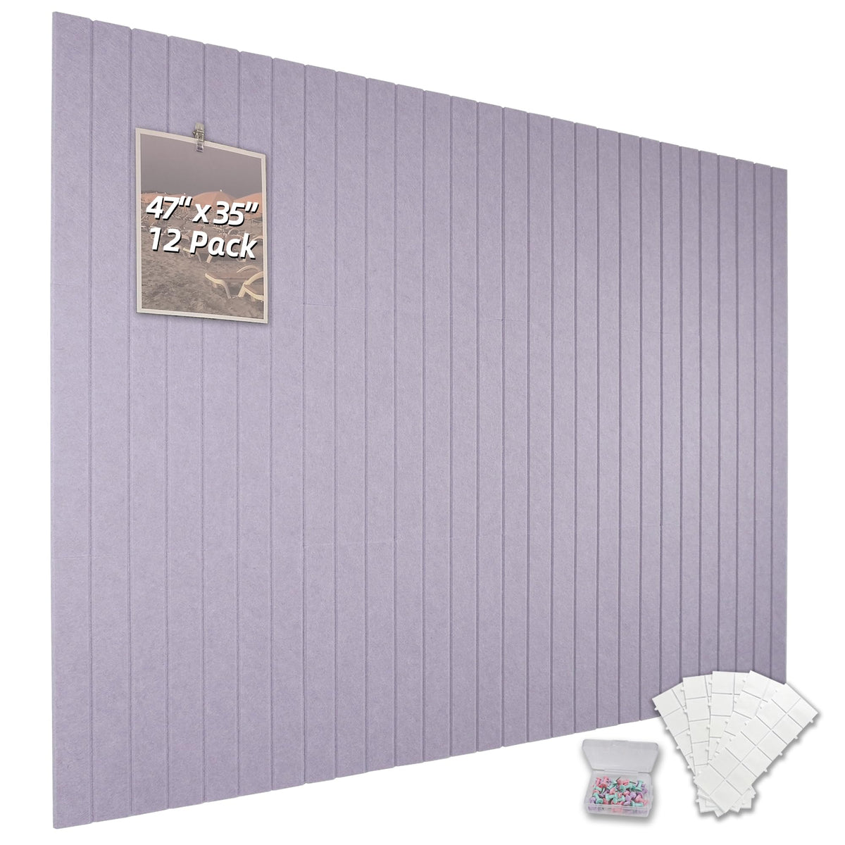 TENACR Cork Board Alternative-Felt Slat Wall Paneling,Office Bulletin Board for Decoration, Suitable for Displaying Photos and Documents, with Removable Adhesive Labels,12-Pack (Taro Purple)