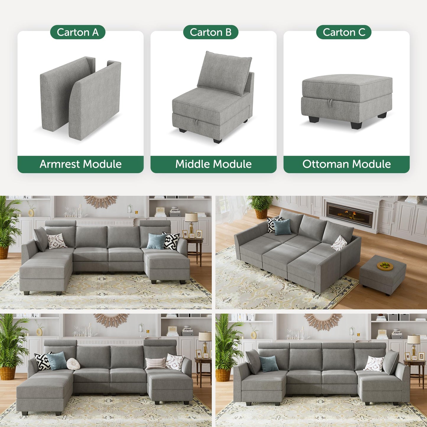 HONBAY Modular Sectional Sleeper Sofa Reversible Modular Couch with Storage Seats Modular Sleeper Sectional Sofa with Storage Ottoman, Grey