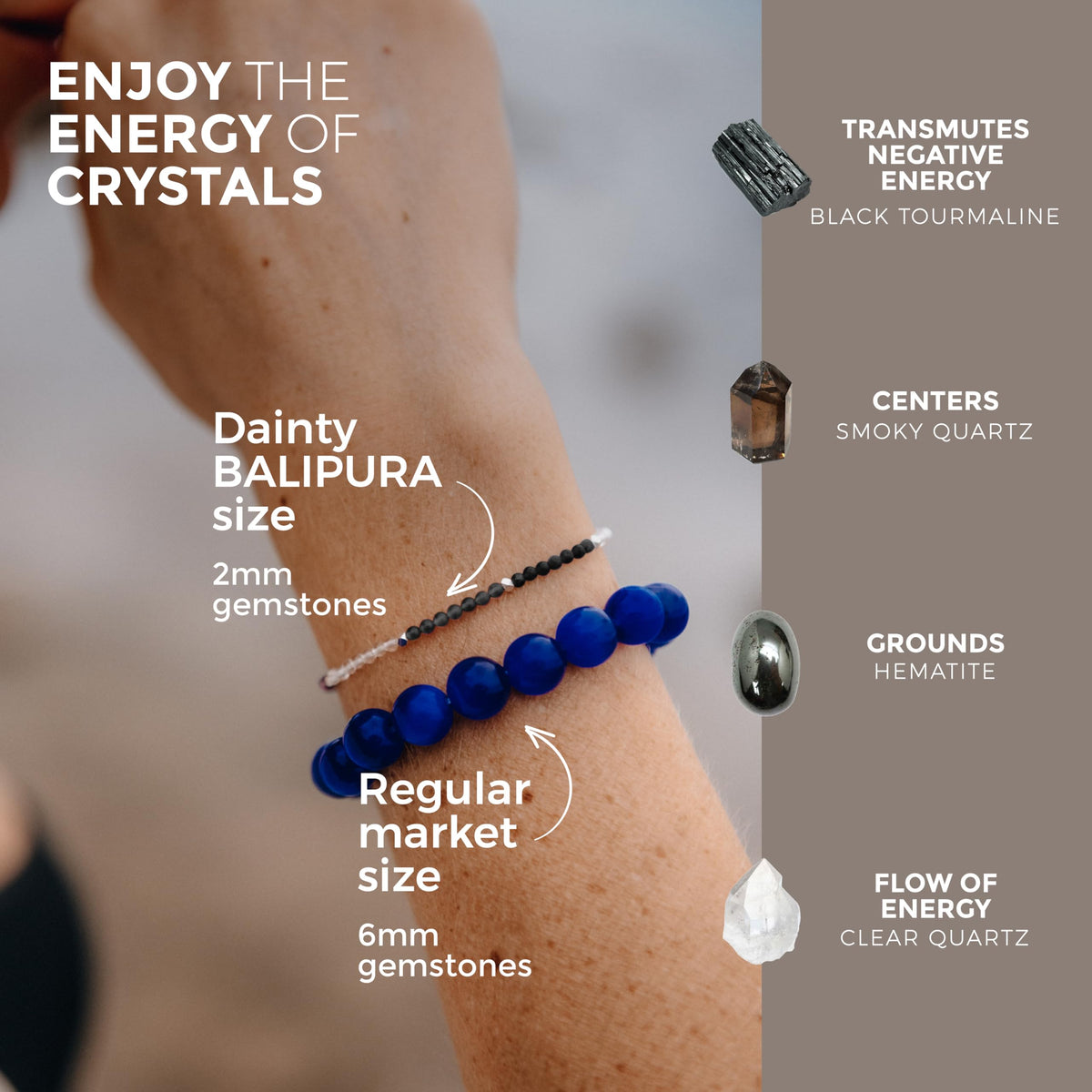 BALIPURA - Healing Bracelet for Women - Healing Crystals, Black Tourmaline- Grounding Hematite Bracelet- Crystals Bracelet And Healing Stones - Smoky Quartz - 2mm Small Bead Bracelets
