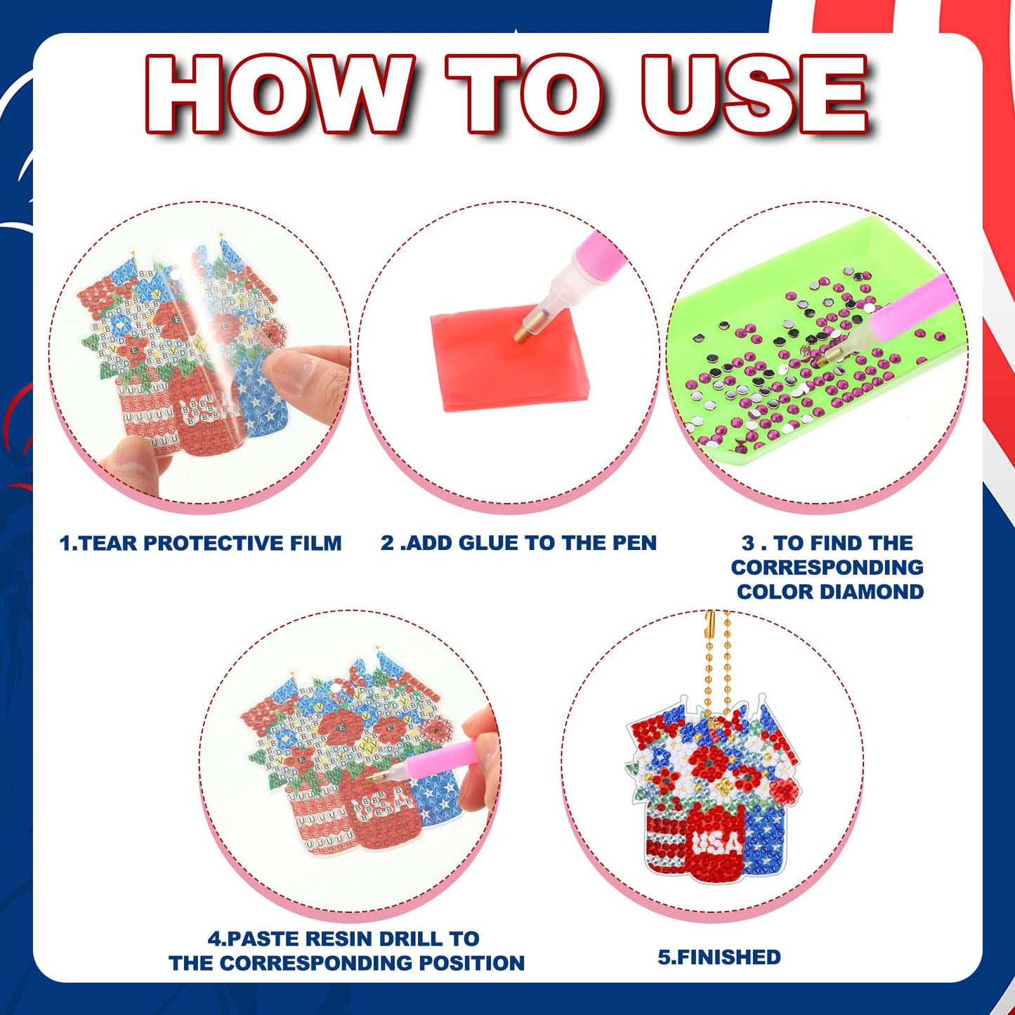 Sasylvia 16 Pcs 4th of July Diamond Painting Keychains Patriotic Diamond Art Kit Gnome Painting Ornaments American Flag Red Blue White DIY Craft 250th Anniversary Decorations for Adult