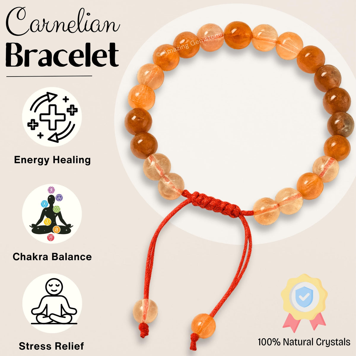 Amazing Gemstone Carnelian Bracelet for Women Men's Gifts - Protection Healing Crystal Bracelet - 8mm Gemstone Beaded Adjustable Bracelet