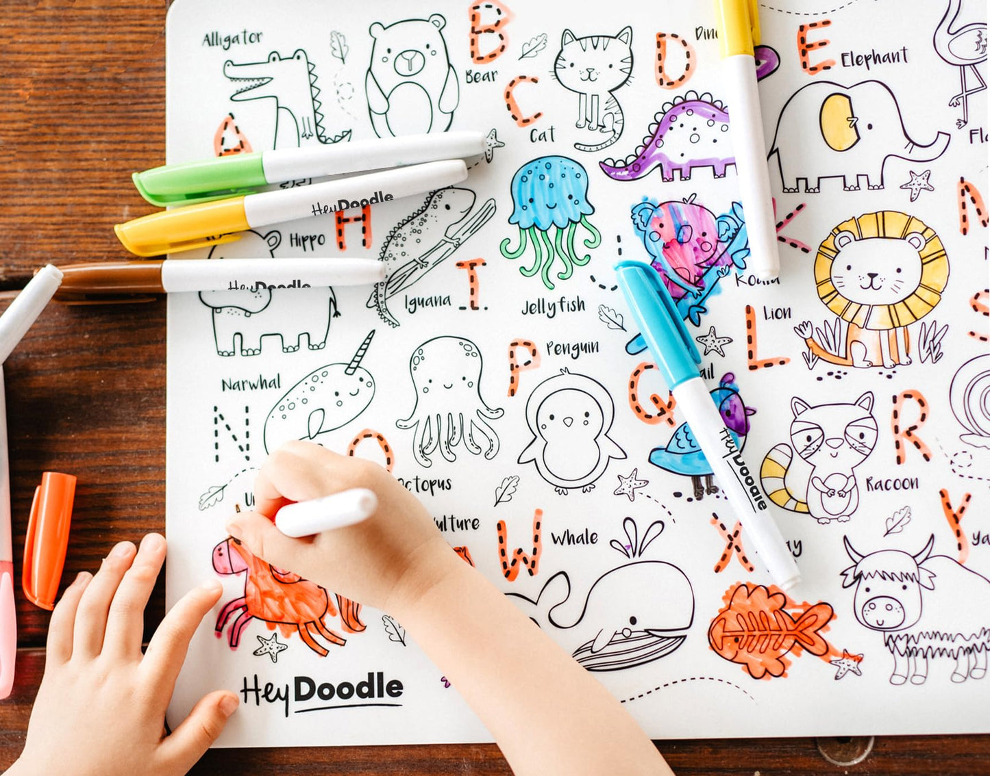 HeyDoodle Into The Wild Classic Doodle Mat – Reusable Silicone Alphabet Coloring Mat for Toddlers and Kids – Educational Animal Activity Pad with 9 Markers – Mess-Free Travel Toy – Ages 3-7
