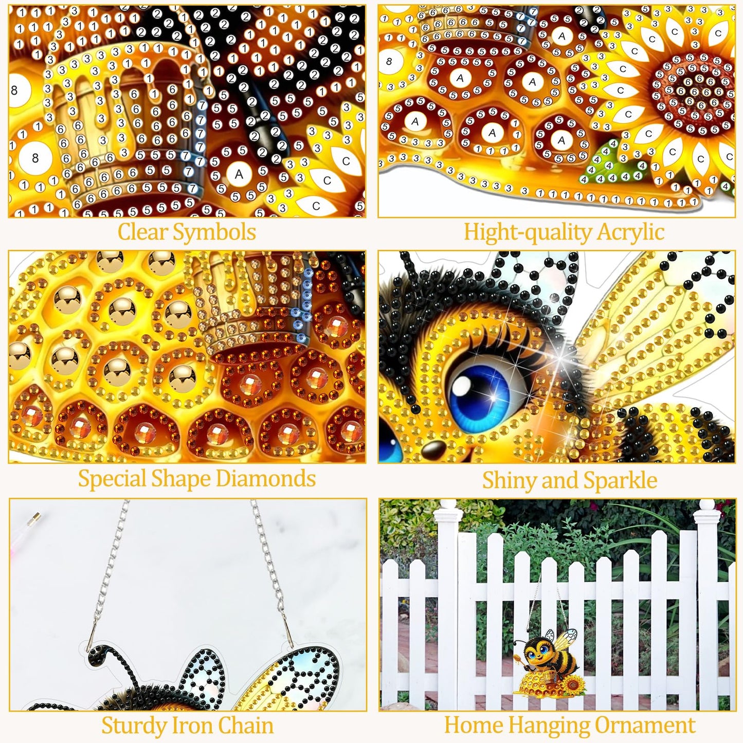 CEOVR Bee Hanging Diamond Art for Adults, Bee Honey Diamond Painting Pendant DIY Gem Art Wall Hanging Ornament, Acrylic Home Garden Decor with Chain, Box Kit 7.77×7.3inch