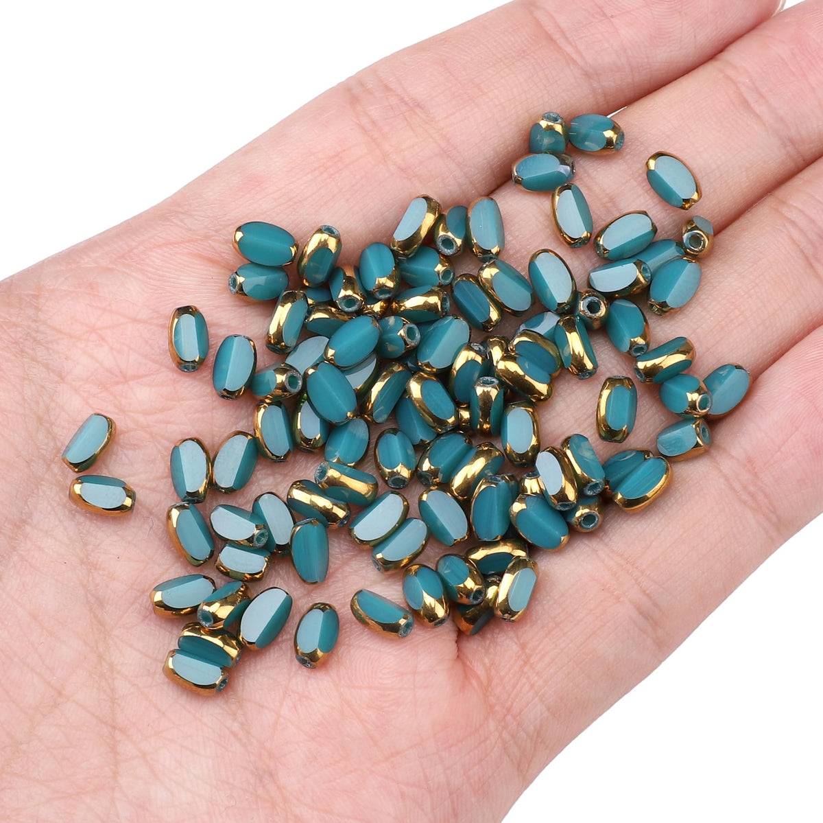 DADIFEN Glass Rice Beads Peacock Blue 4x6mm 50pcs Faceted Oval Golden Edge Crystal Loose Beads for DIY Craft Jewelry Making
