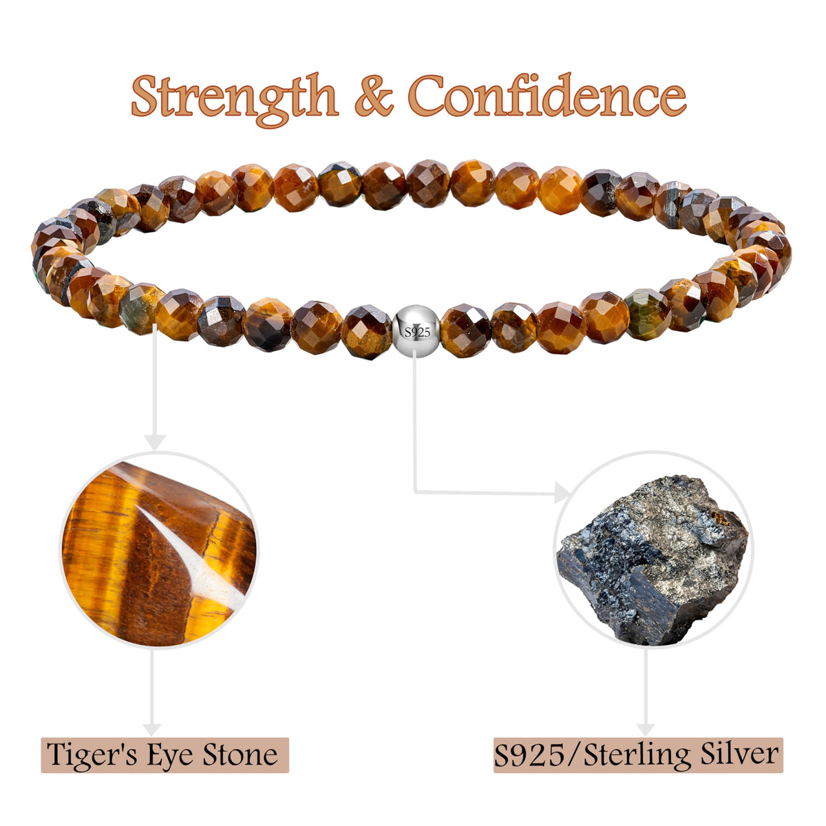 Farfume Tiger's Eye Stone - Strength & Confidence - Beaded Bracelets for Women,Handmade Natural Stone 4mm Beads 925 Sterling Silver Stretch Bracelets, Chakra Crystal Gemstone Jewelry Gifts for Mom