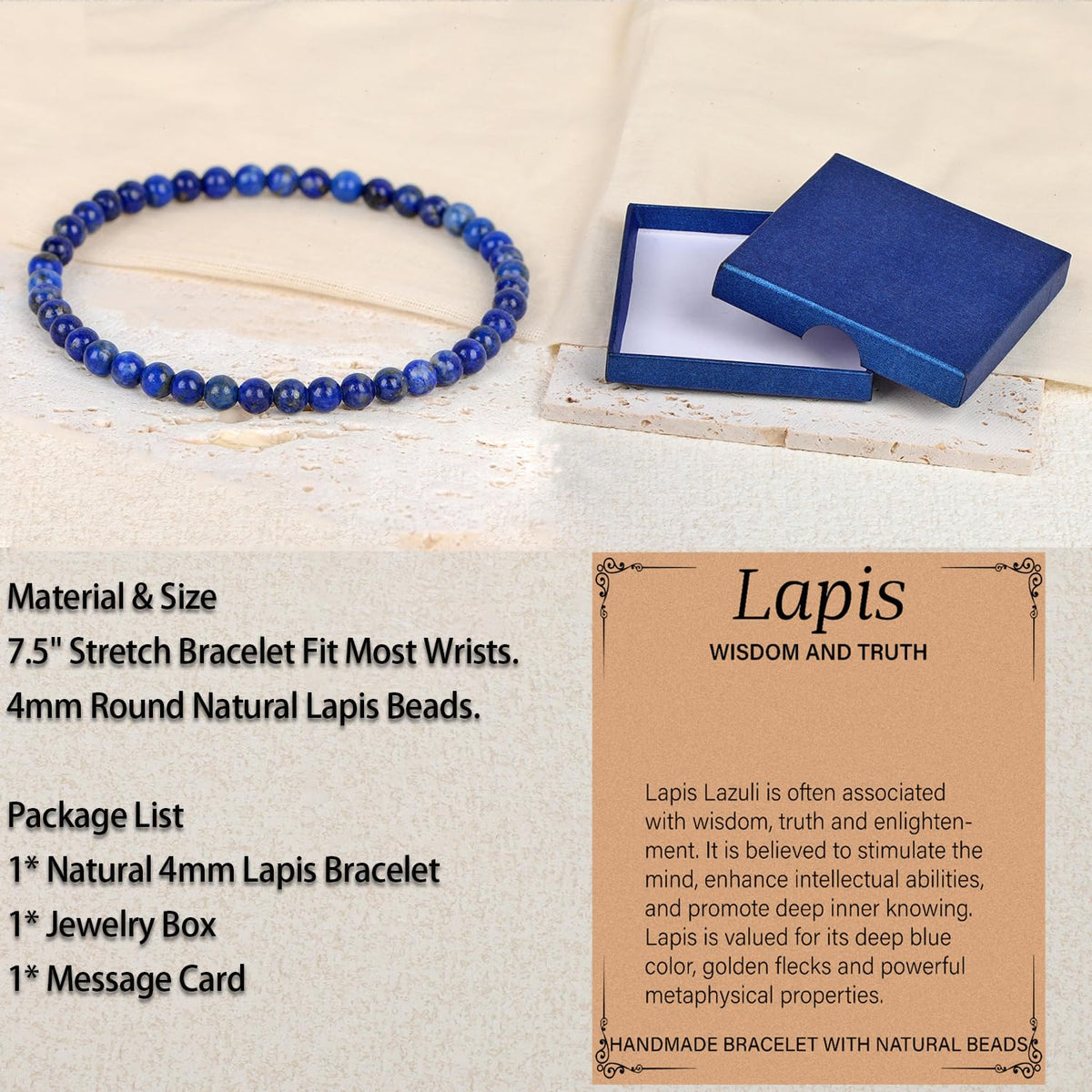 LPBeads Handmade Natural Gemstone Stretch Elastic 4mm Lapis Lazuli Bracelet Healing Crystal Round Stone Beads Jewelry Gifts for Women Men