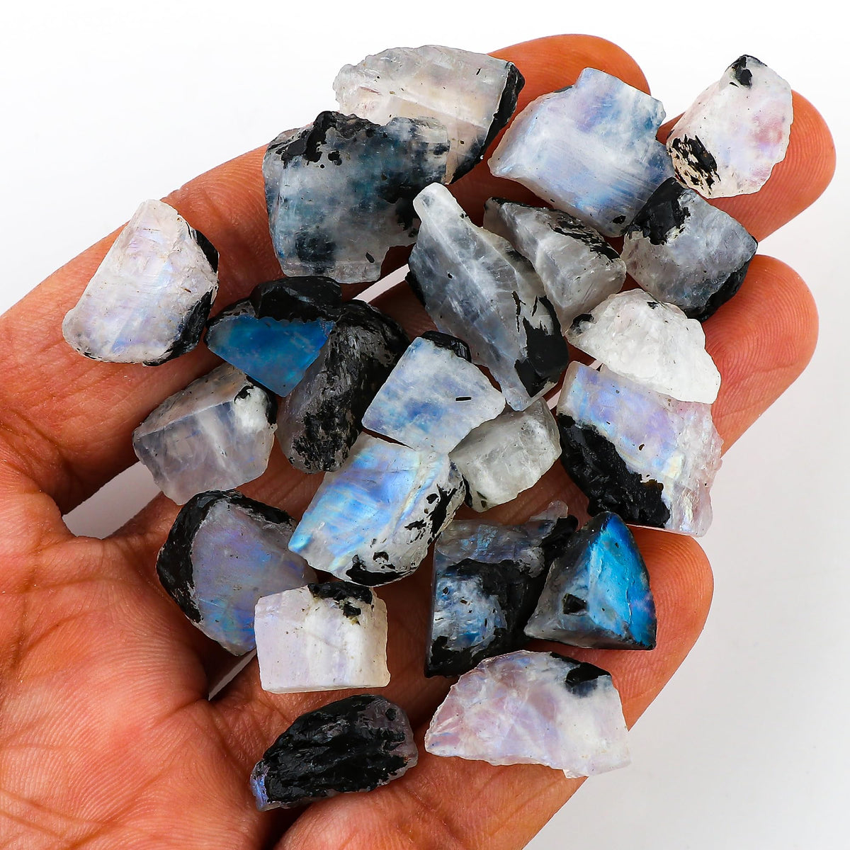 Gemkora 100 ct. Natural Blue Flash Raw Tourmilated Moonstone Moonstone Crystal Rough Gemstone Crystals, Rock, Jewelry Making Supplies, Chakra Healing, Art-DIY Stone, (8 to 10pcs) (15-20mm)
