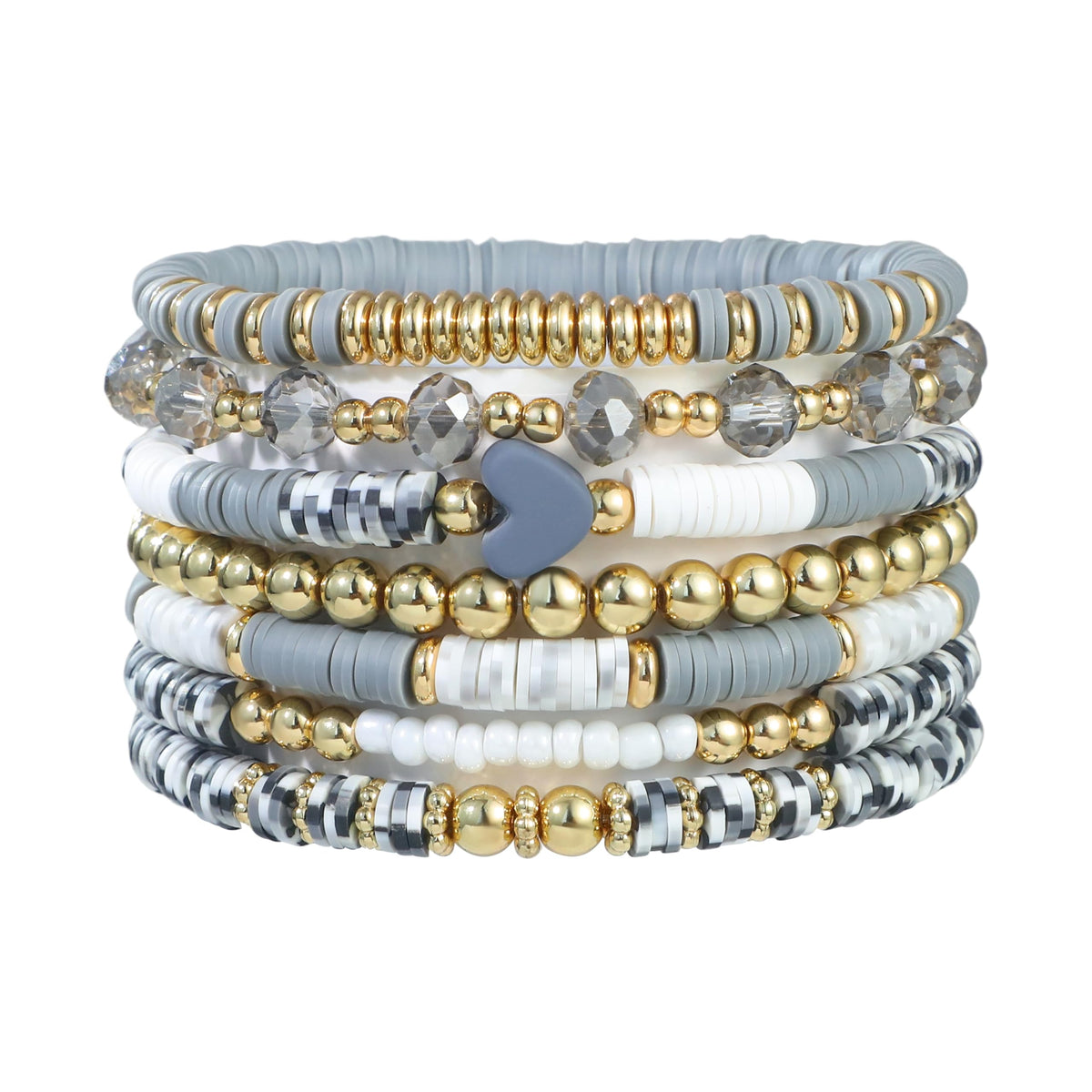 RISHEGAE Heishi Beaded Stretch Bracelets for Women Stackable Gold Polymer Clay Beads Bracelets Friendship Boho Summer Beach Bracelet Jewelry Set (F-H grey)