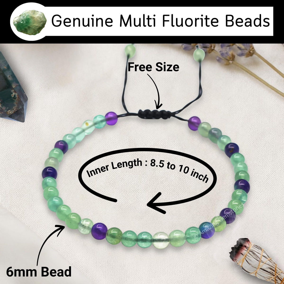 Amazing Gemstone Multi Fluorite Anklet Ankle Bracelets for Women - Waterproof Beaded Healing Crystal Anklets, Plus Size Chakra Gemstone Bead Anklet (Stretchy Adjustable - Plain)