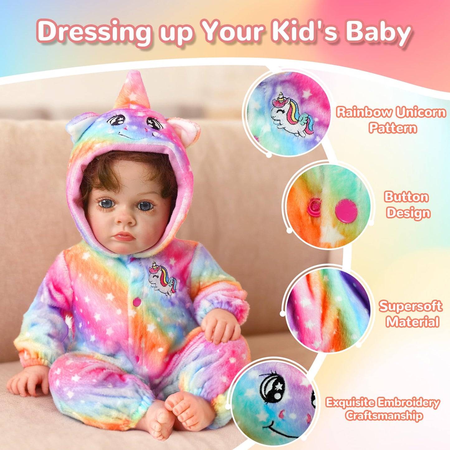 ARTST Reborn Baby Doll Accessories with Bassinet, Rainbow Unicorn Doll Clothes Outfit Set for 17-22 inch Newborn Babies,Birthday Gift for 3-12 Girls Boys(NO Doll)