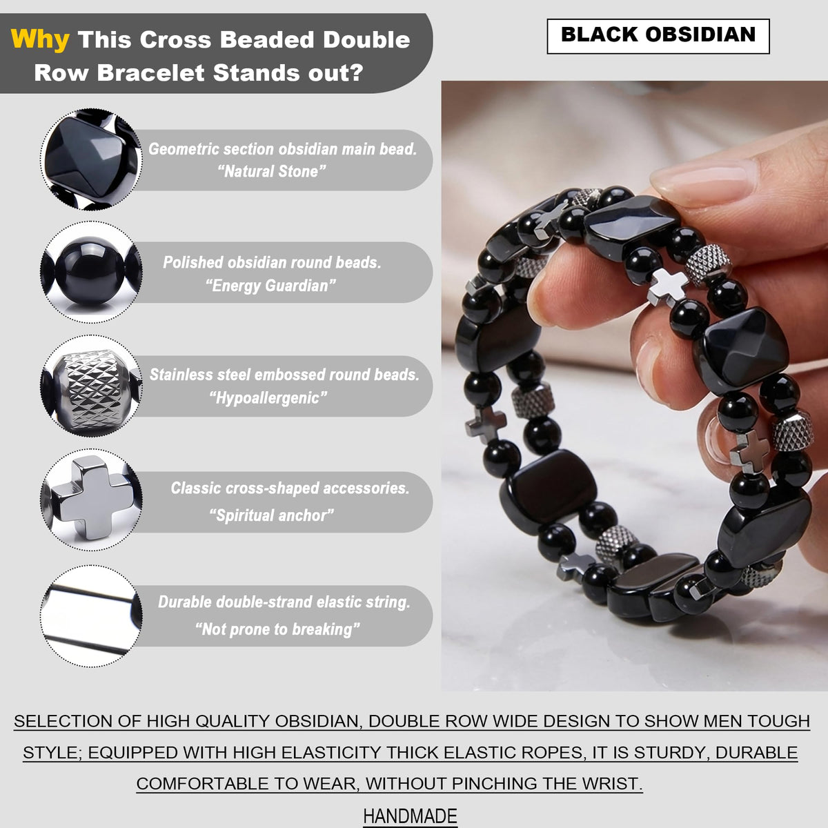 Christian Gifts for Men, Jesus Cross Bracelet for Men Handmade Double Elastic Beaded Bracelets Natural Crystal Gemstone Religious Jewelry for Boyfriend Husband Birthday Anniversary (Black Obsidian)